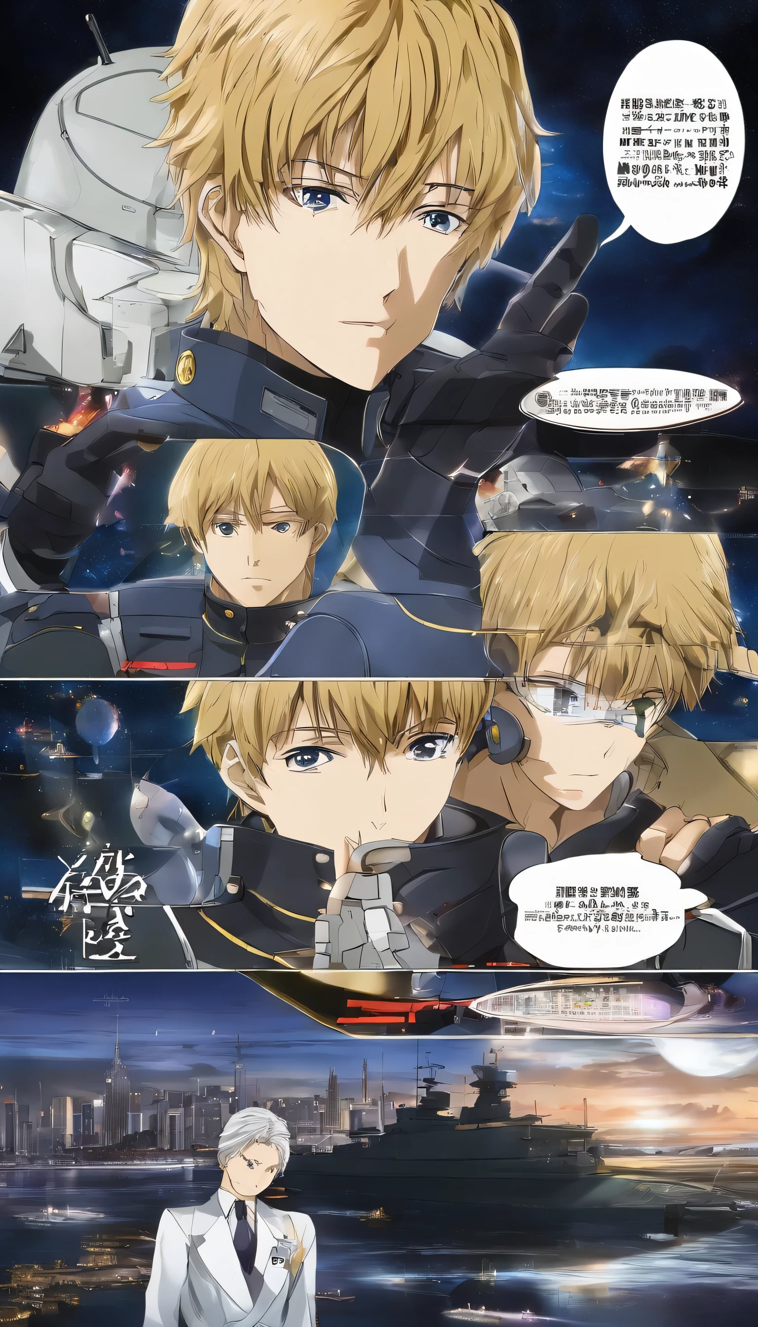 With ultra-high definition images、A fascinating scene like a movie unfolds.。The charismatic protagonist of the Legend of the Galactic Heroes、Field Marshal Reinhard Lohengramm、Accompanied by his trusted friend, Count Kirchheis,、Immersed in strategic planning on the bridge of a battleship。Intricate facial details、Deep wrinkles indicating intelligence、A three-dimensional face、The photo highlights their stern expressions as they study the map spread out on the table.。The room is dimly lit、Dramatic shadows fall on their faces、The soft glow of strategically placed spotlights gives them perfect lighting.,Faithfully reproduced from the anime version