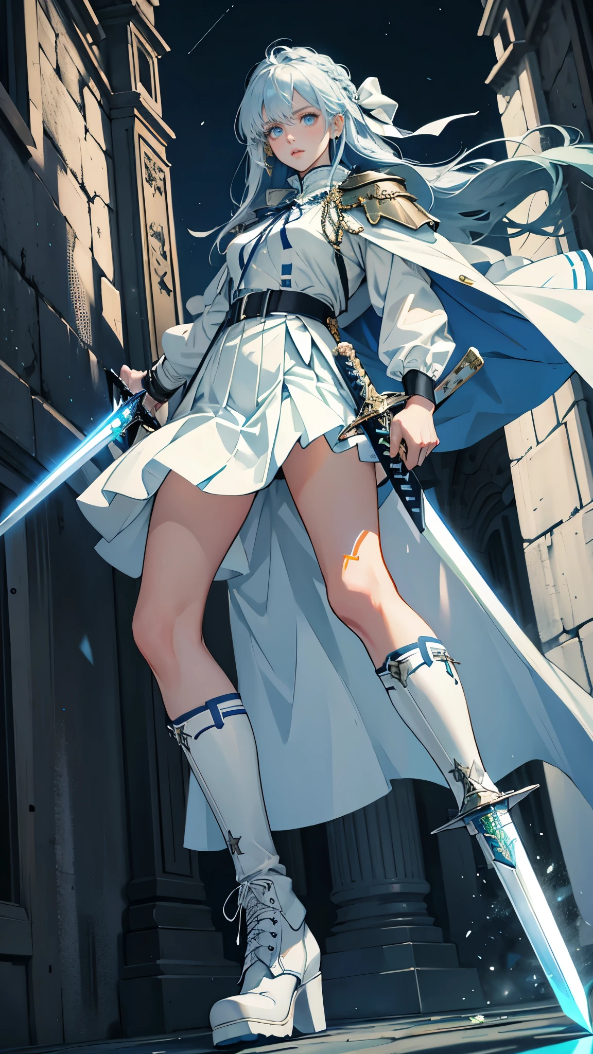 masterpiece, ultra detailed, 8k portrait, RAW photo, portrait photography, highly detailed face, beautiful and meticulous eyes, dark blue hair, long hair, blue eyes, white hair ribbon, green military uniform, green pleats mini skirt, white chest armor, white tights, half boots, spread legs, standing, (equip a beam sword:1.5), by the old castle, in mid night, from below