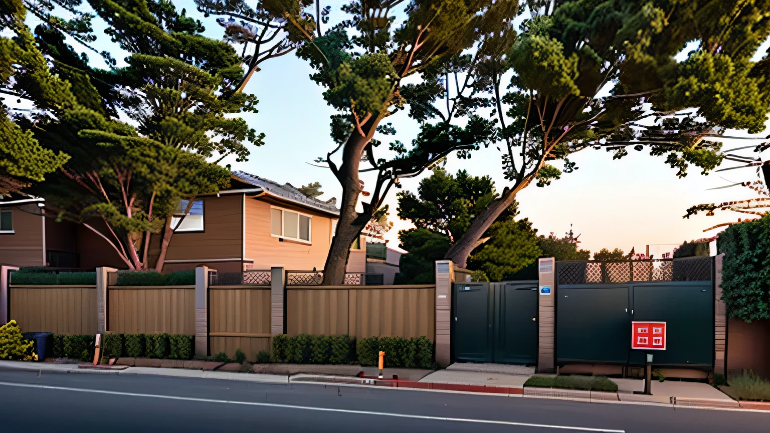 a fantastic night view of one small office building, beige colored building, long fence structure in front with red-brick color highlight