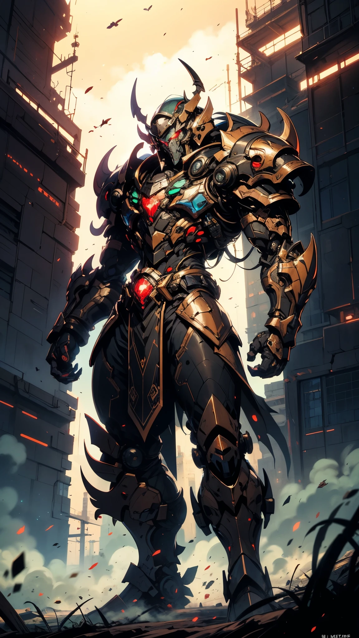 A man wearing a full-face helmet, a fantasy-style biotech armored combat suit, green eyes, (a composite layered chest armor), fully enclosed shoulder guards, matching arm and leg guards, the belt is adorned with Beetle-shaped gem, (the color scheme is primarily black with red accents), the design balances heavy with agility, a high-tech bio-mecha armor, (Dynastinae concept Armor, stand on the top of a skyscraper in a futuristic sci-fi city), this character embodies a finely crafted fantasy-surreal style armored hero in anime style, exquisite and mature manga art style, (element, plasma, energy, the armor glows), ((male:1.5)), metallic, real texture material, dramatic, high definition, best quality, highres, ultra-detailed, ultra-fine painting, extremely delicate, professional, perfect body proportions, golden ratio, anatomically correct, symmetrical face, extremely detailed eyes and face, high quality eyes, creativity, RAW photo, UHD, 32k, Natural light, cinematic lighting, masterpiece-anatomy-perfect, masterpiece:1.5