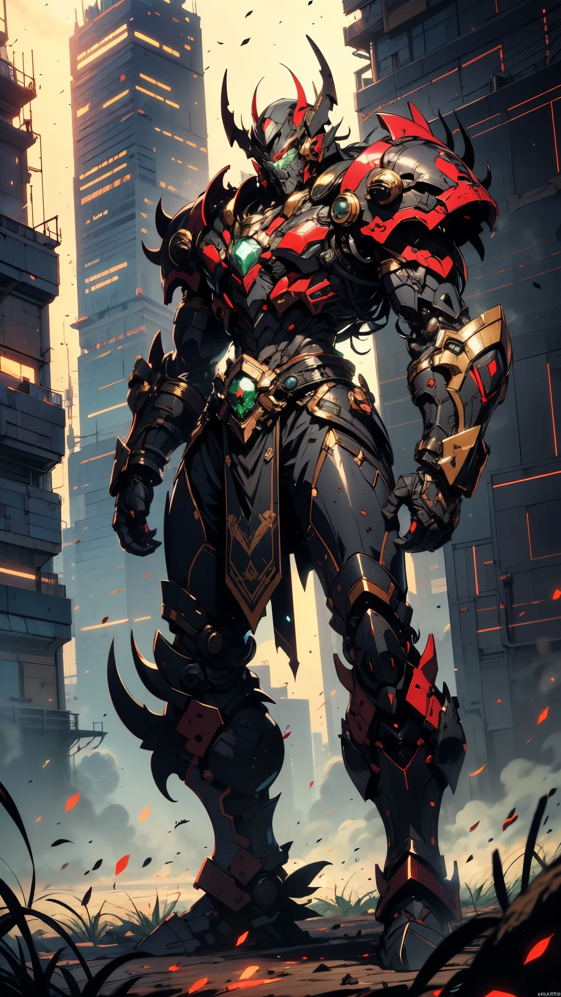 A man wearing a full-face helmet, a fantasy-style biotech armored combat suit, green eyes, (a composite layered chest armor), fully enclosed shoulder guards, matching arm and leg guards, the belt is adorned with Beetle-shaped gem, (the color scheme is primarily black with red accents), the design balances heavy with agility, a high-tech bio-mecha armor, (Dynastinae concept Armor, stand on the top of a skyscraper in a futuristic sci-fi city), this character embodies a finely crafted fantasy-surreal style armored hero in anime style, exquisite and mature manga art style, (element, plasma, energy, the armor glows), ((male:1.5)), metallic, real texture material, dramatic, high definition, best quality, highres, ultra-detailed, ultra-fine painting, extremely delicate, professional, perfect body proportions, golden ratio, anatomically correct, symmetrical face, extremely detailed eyes and face, high quality eyes, creativity, RAW photo, UHD, 32k, Natural light, cinematic lighting, masterpiece-anatomy-perfect, masterpiece:1.5
