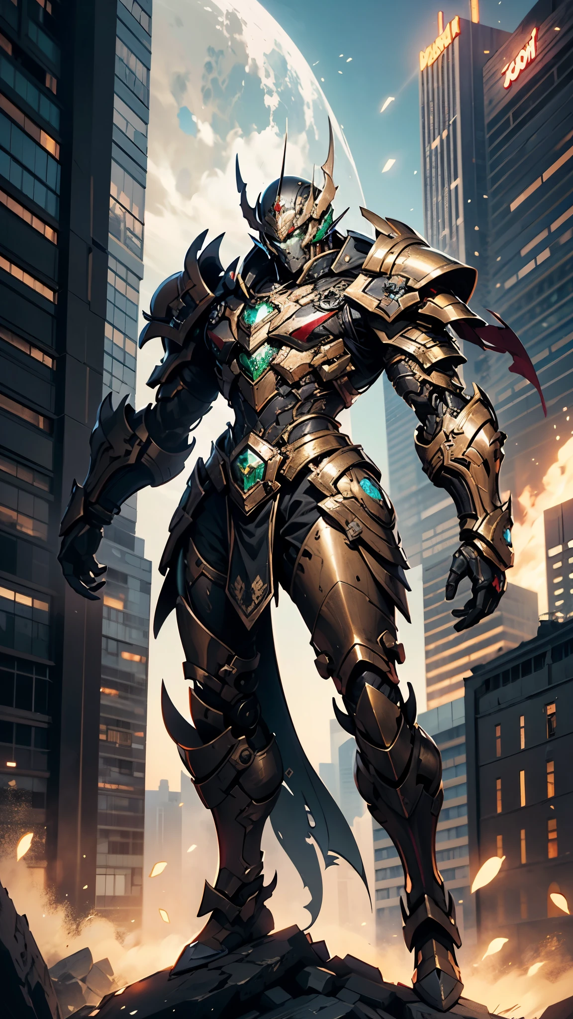 A man wearing a full-face helmet, a fantasy-style biotech armored combat suit, green eyes, (a composite layered chest armor), fully enclosed shoulder guards, matching arm and leg guards, the belt is adorned with Beetle-shaped gem, (the color scheme is primarily black with red accents), the design balances heavy with agility, a high-tech bio-mecha armor, (Dynastinae concept Armor, stand on the top of a skyscraper in a futuristic sci-fi city), this character embodies a finely crafted fantasy-surreal style armored hero in anime style, exquisite and mature manga art style, (element, plasma, energy, the armor glows), ((male:1.5)), metallic, real texture material, dramatic, high definition, best quality, highres, ultra-detailed, ultra-fine painting, extremely delicate, professional, perfect body proportions, golden ratio, anatomically correct, symmetrical face, extremely detailed eyes and face, high quality eyes, creativity, RAW photo, UHD, 32k, Natural light, cinematic lighting, masterpiece-anatomy-perfect, masterpiece:1.5