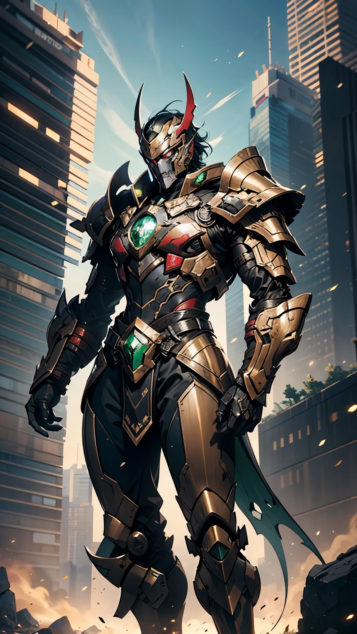 A man wearing a full-face helmet, a fantasy-style biotech armored combat suit, green eyes, (a composite layered chest armor), fully enclosed shoulder guards, matching arm and leg guards, the belt is adorned with Beetle-shaped gem, (the color scheme is primarily black with red accents), the design balances heavy with agility, a high-tech bio-mecha armor, (Dynastinae concept Armor, stand on the top of a skyscraper in a futuristic sci-fi city), this character embodies a finely crafted fantasy-surreal style armored hero in anime style, exquisite and mature manga art style, (element, plasma, energy, the armor glows), ((male:1.5)), metallic, real texture material, dramatic, high definition, best quality, highres, ultra-detailed, ultra-fine painting, extremely delicate, professional, perfect body proportions, golden ratio, anatomically correct, symmetrical face, extremely detailed eyes and face, high quality eyes, creativity, RAW photo, UHD, 32k, Natural light, cinematic lighting, masterpiece-anatomy-perfect, masterpiece:1.5