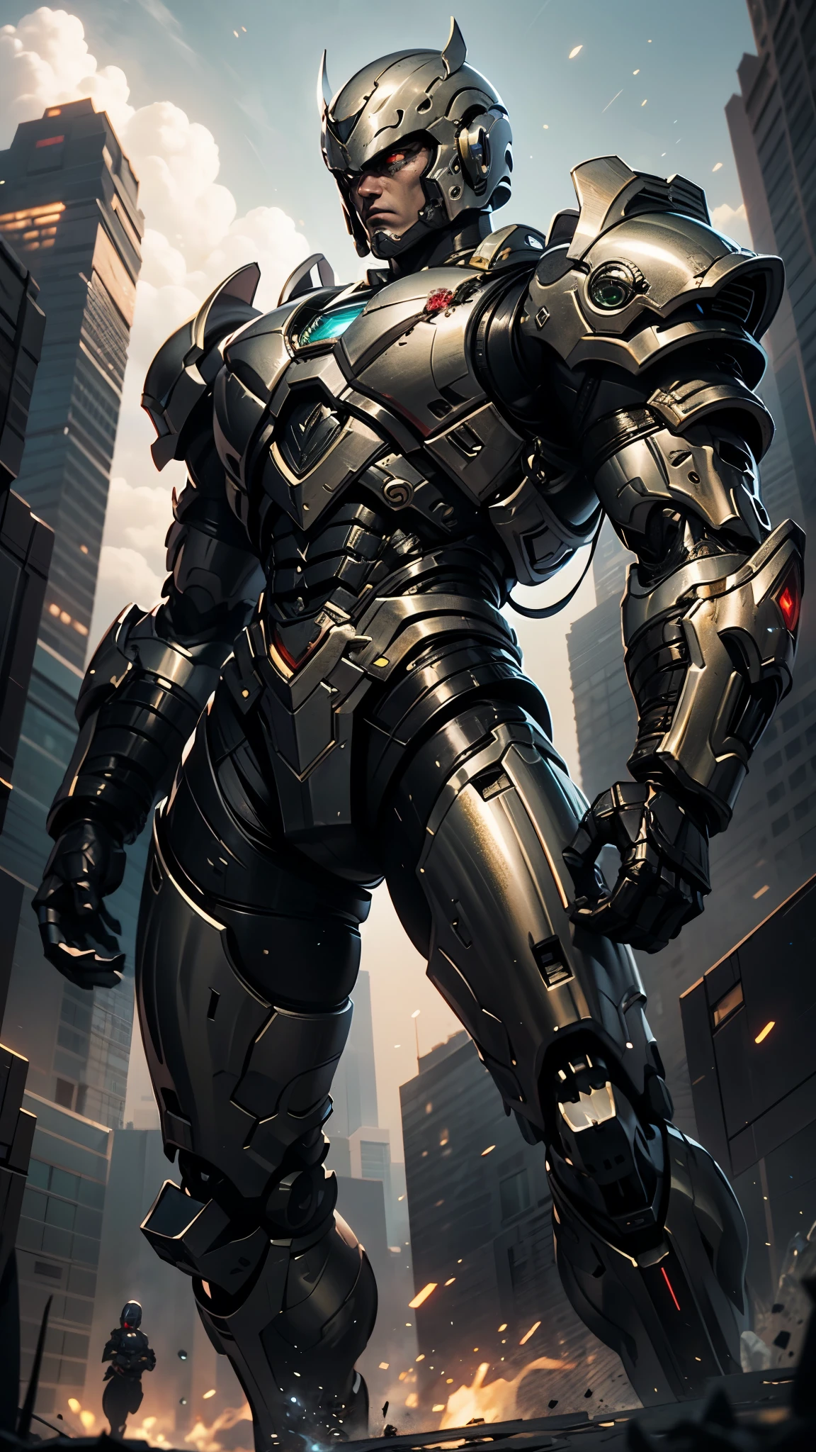 A man wearing a full-face helmet, a fantasy-style biotech armored combat suit, green eyes, (a composite layered chest armor), fully enclosed shoulder guards, matching arm and leg guards, the belt is adorned with Beetle-shaped gem, (the color scheme is primarily black with red accents), the design balances heavy with agility, a high-tech bio-mecha armor, (Dynastinae concept Armor, stand on the top of a skyscraper in a futuristic sci-fi city), this character embodies a finely crafted fantasy-surreal style armored hero in anime style, exquisite and mature manga art style, (element, plasma, energy, the armor glows), ((male:1.5)), metallic, real texture material, dramatic, high definition, best quality, highres, ultra-detailed, ultra-fine painting, extremely delicate, professional, perfect body proportions, golden ratio, anatomically correct, symmetrical face, extremely detailed eyes and face, high quality eyes, creativity, RAW photo, UHD, 32k, Natural light, cinematic lighting, masterpiece-anatomy-perfect, masterpiece:1.5