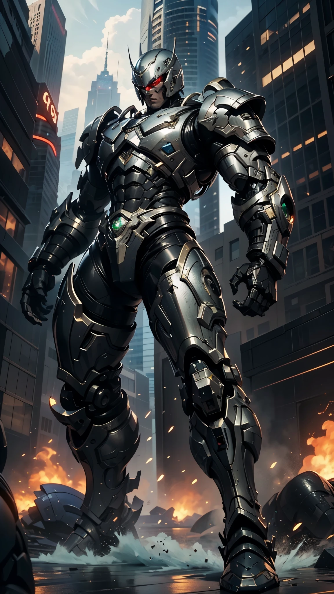 A man wearing a full-face helmet, a fantasy-style biotech armored combat suit, green eyes, (a composite layered chest armor), fully enclosed shoulder guards, matching arm and leg guards, the belt is adorned with Beetle-shaped gem, (the color scheme is primarily black with red accents), the design balances heavy with agility, a high-tech bio-mecha armor, (Dynastinae concept Armor, stand on the top of a skyscraper in a futuristic sci-fi city), this character embodies a finely crafted fantasy-surreal style armored hero in anime style, exquisite and mature manga art style, (element, plasma, energy, the armor glows), ((male:1.5)), metallic, real texture material, dramatic, high definition, best quality, highres, ultra-detailed, ultra-fine painting, extremely delicate, professional, perfect body proportions, golden ratio, anatomically correct, symmetrical face, extremely detailed eyes and face, high quality eyes, creativity, RAW photo, UHD, 32k, Natural light, cinematic lighting, masterpiece-anatomy-perfect, masterpiece:1.5