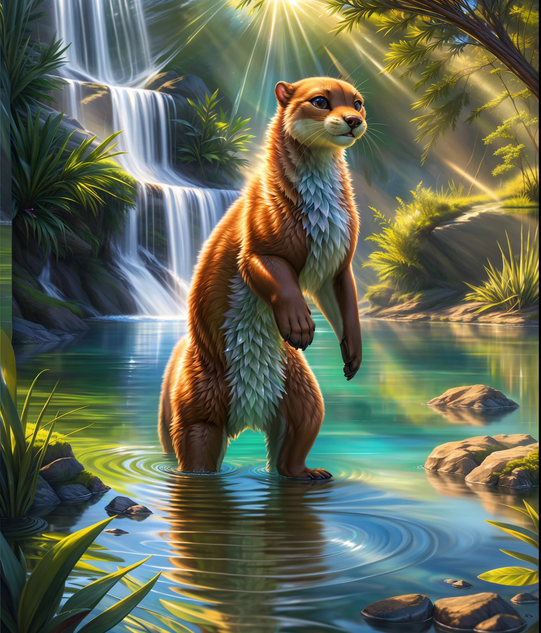 playful otter by the water,sunlight shining,rippling water,realistic nature,highly detailed(fine details:1.2), HDR,ultra-detailed,professional,photorealistic:1.37,portrait,landscape,painting, detailed fur,bright colors, vivid reflections,crystal clear water,soft light, playful expression,reflection in water,rays of sunlight, vibrant scene