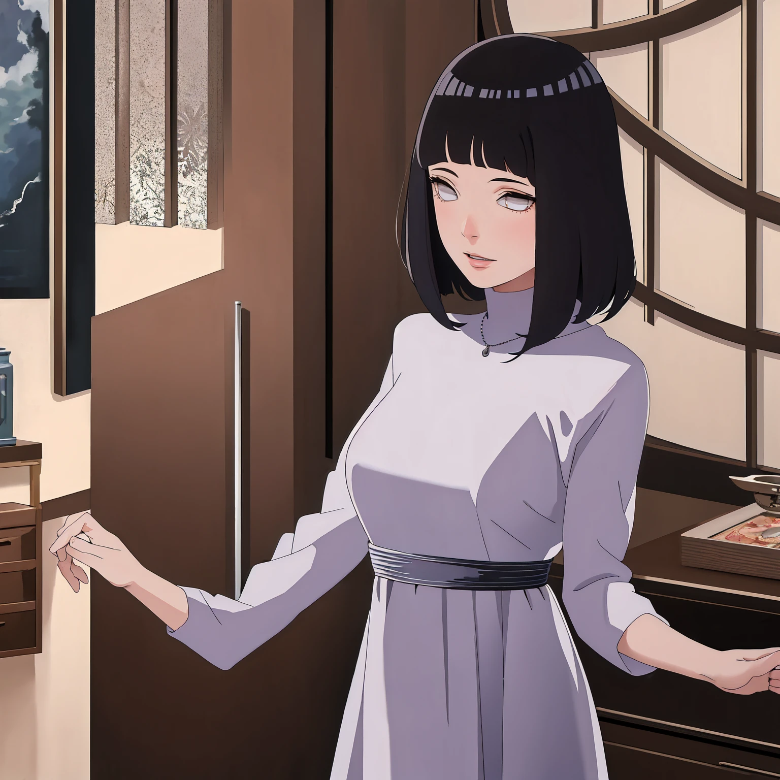 (Masterpiece - Ultra-Detailed, High Resolution) Prepare to be enchanted by a true masterpiece that combines ultra-detailed art with high-resolution rendering. This work shows a mesmerizing woman, with short, light black hair, 1950s style, Hinata (1.3) and captivating dark brown eyes (1.2), New York illustration style, wearing red lipstick, emanating an aura of elegance and mystery. Wearing classic 1950s clothing. sexy. Intricate details and realistic textures invite you to explore every aspect of this enchanting composition. Transparent white dress. Dancing lithly, dynamic poses, mouth closed. Different posture. . Get ready to dive into a world where beauty and craftsmanship merge perfectly.