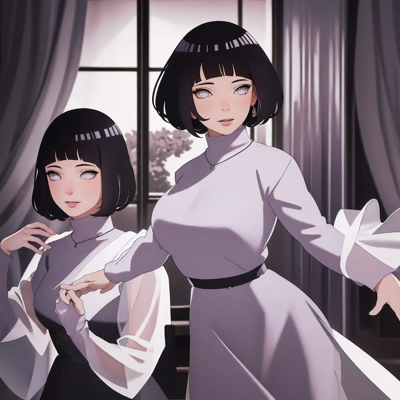 (Masterpiece - Ultra-Detailed, High Resolution) Prepare to be enchanted by a true masterpiece that combines ultra-detailed art with high-resolution rendering. This work shows a mesmerizing woman, with short, light black hair, 1950s style, Hinata (1.3) and captivating dark brown eyes (1.2), New York illustration style, wearing red lipstick, emanating an aura of elegance and mystery. Wearing classic 1950s clothing. sexy. Intricate details and realistic textures invite you to explore every aspect of this enchanting composition. Transparent white dress. Dancing lithly, dynamic poses, mouth closed. Different posture. . Get ready to dive into a world where beauty and craftsmanship merge perfectly.