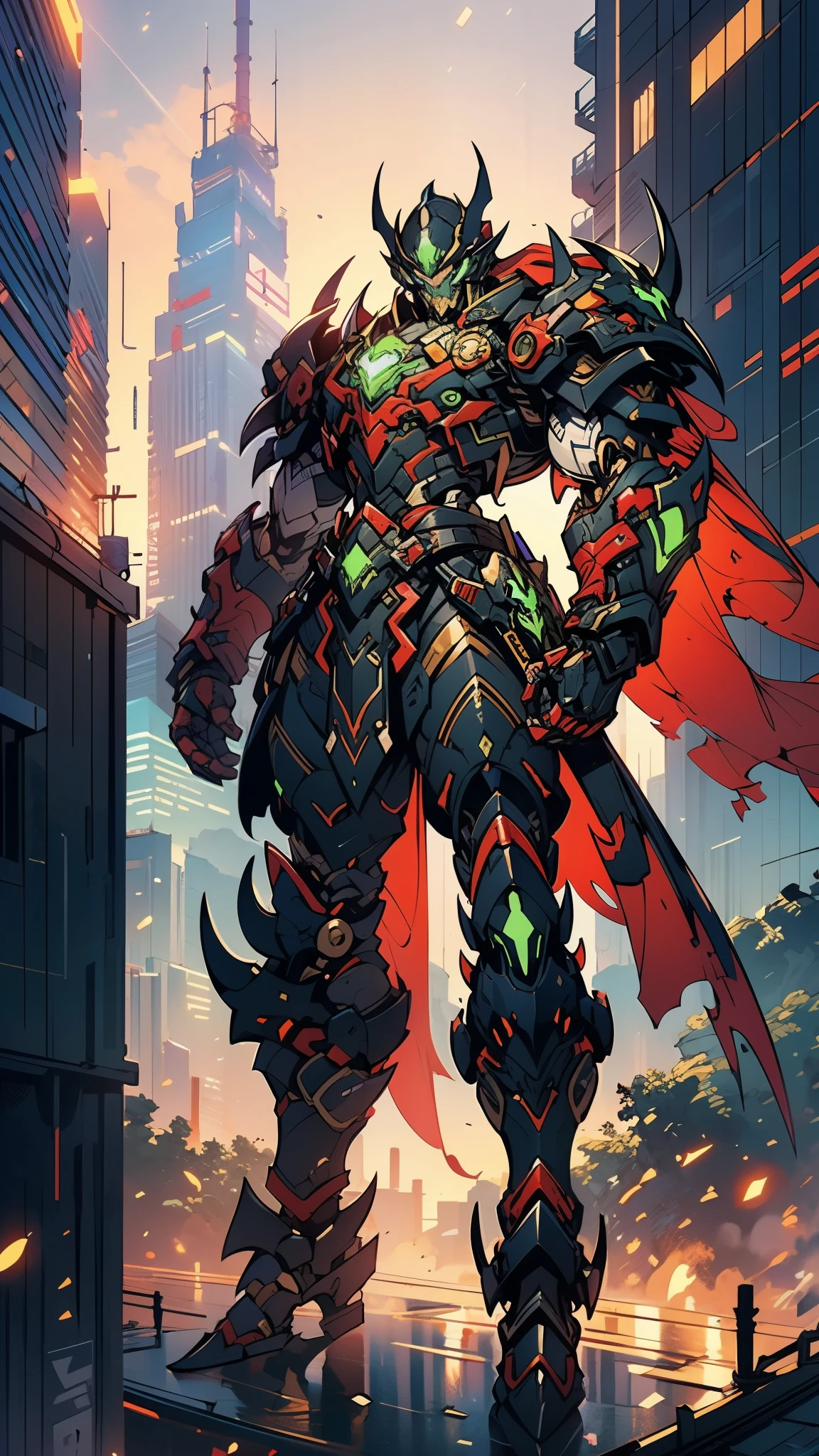 A man wearing a full-face helmet, a fantasy-style biotech armored combat suit, green eyes, (a composite layered chest armor), fully enclosed shoulder guards, matching arm and leg guards, the belt is adorned with Beetle-shaped gem, (the color scheme is primarily black with red accents), the design balances heavy with agility, a high-tech bio-mecha armor, (Dynastinae concept Armor, stand on the top of a skyscraper in a futuristic sci-fi city), this character embodies a finely crafted fantasy-surreal style armored hero in anime style, exquisite and mature manga art style, (element, plasma, energy, the armor glows), ((male:1.5)), metallic, real texture material, dramatic, high definition, best quality, highres, ultra-detailed, ultra-fine painting, extremely delicate, professional, perfect body proportions, golden ratio, anatomically correct, symmetrical face, extremely detailed eyes and face, high quality eyes, creativity, RAW photo, UHD, 32k, Natural light, cinematic lighting, masterpiece-anatomy-perfect, masterpiece:1.5