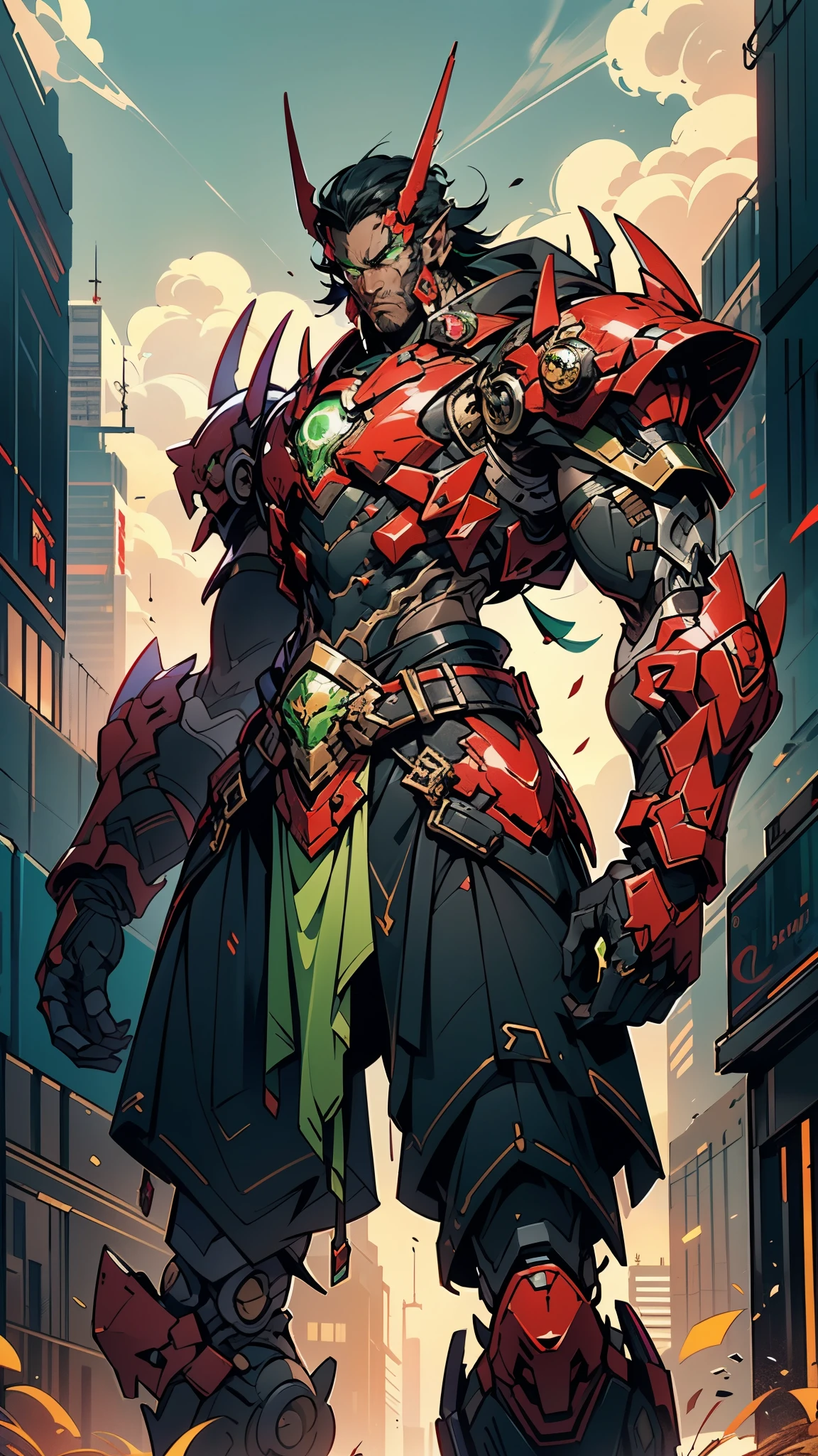 A man wearing a full-face helmet, a fantasy-style biotech armored combat suit, green eyes, (a composite layered chest armor), fully enclosed shoulder guards, matching arm and leg guards, the belt is adorned with Beetle-shaped gem, (the color scheme is primarily black with red accents), the design balances heavy with agility, a high-tech bio-mecha armor, (Dynastinae concept Armor, stand on the top of a skyscraper in a futuristic sci-fi city), this character embodies a finely crafted fantasy-surreal style armored hero in anime style, exquisite and mature manga art style, (element, plasma, energy, the armor glows), ((male:1.5)), metallic, real texture material, dramatic, high definition, best quality, highres, ultra-detailed, ultra-fine painting, extremely delicate, professional, perfect body proportions, golden ratio, anatomically correct, symmetrical face, extremely detailed eyes and face, high quality eyes, creativity, RAW photo, UHD, 32k, Natural light, cinematic lighting, masterpiece-anatomy-perfect, masterpiece:1.5