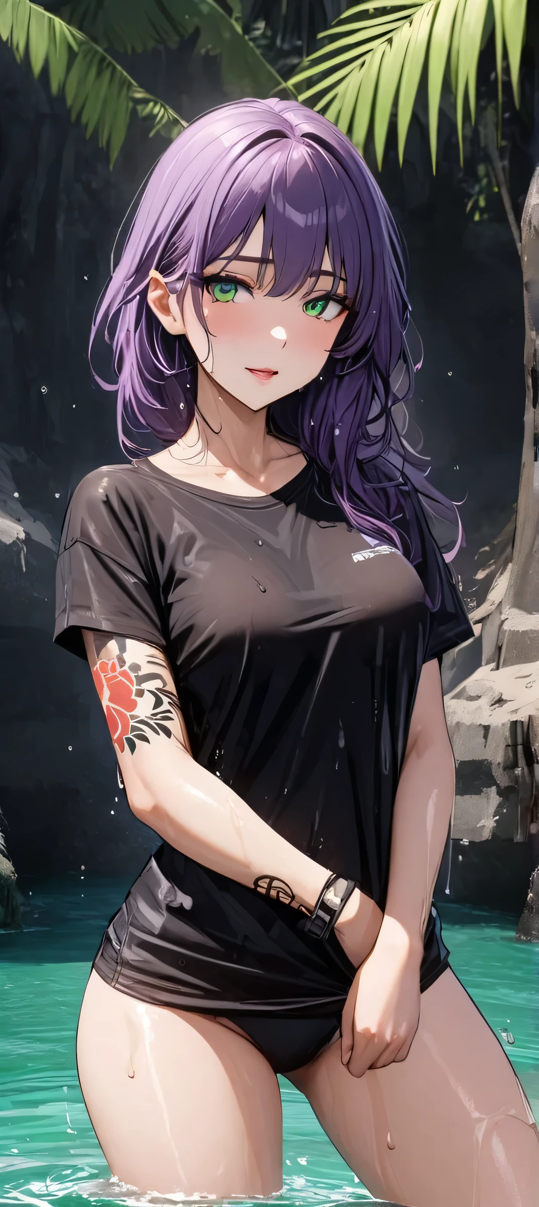 one arafed woman with purple hair and green eyes, japanese tattoo sleeve on her right arm, wet t-shirt, sfw, paridise island