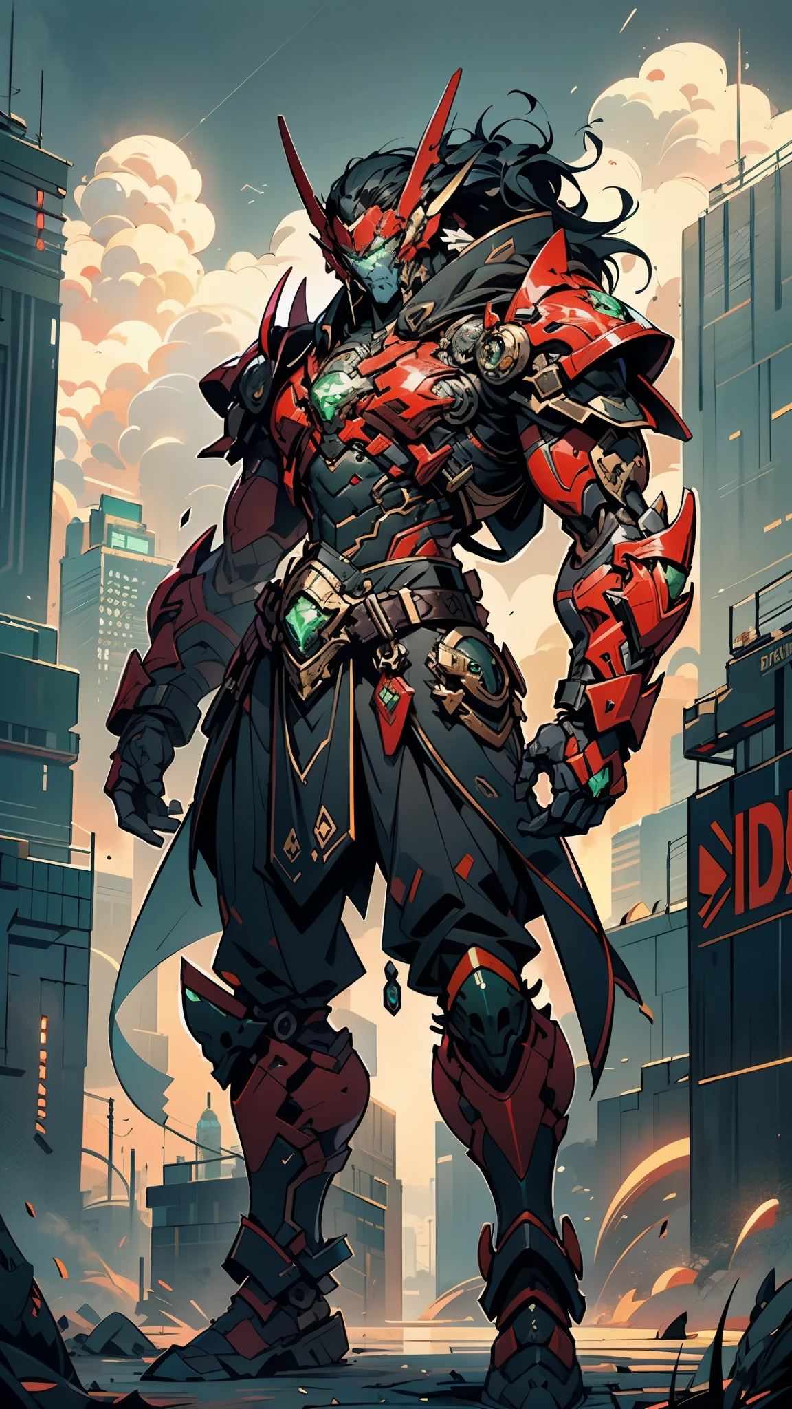 A man wearing a full-face helmet, a fantasy-style biotech armored combat suit, green eyes, (a composite layered chest armor), fully enclosed shoulder guards, matching arm and leg guards, the belt is adorned with Beetle-shaped gem, (the color scheme is primarily black with red accents), the design balances heavy with agility, a high-tech bio-mecha armor, (Dynastinae concept Armor, stand on the top of a skyscraper in a futuristic sci-fi city), this character embodies a finely crafted fantasy-surreal style armored hero in anime style, exquisite and mature manga art style, (element, plasma, energy, the armor glows), ((male:1.5)), metallic, real texture material, dramatic, high definition, best quality, highres, ultra-detailed, ultra-fine painting, extremely delicate, professional, perfect body proportions, golden ratio, anatomically correct, symmetrical face, extremely detailed eyes and face, high quality eyes, creativity, RAW photo, UHD, 32k, Natural light, cinematic lighting, masterpiece-anatomy-perfect, masterpiece:1.5