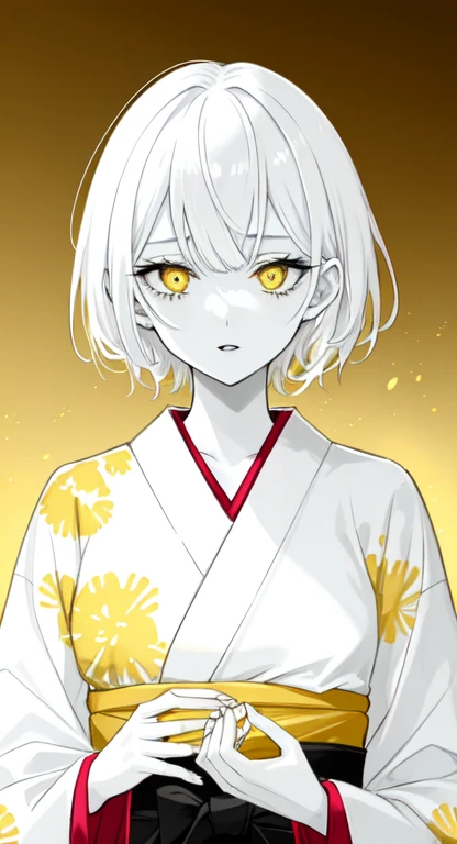 best quality, highres, masterpiece, monochrome, spot color, 1 girl, yellow eyes, white hair, short hair, hollow eyes, glowing eyes, detailed face, shiny skin, vibrant colors, intense lighting,yukata,wearing japanese yukata