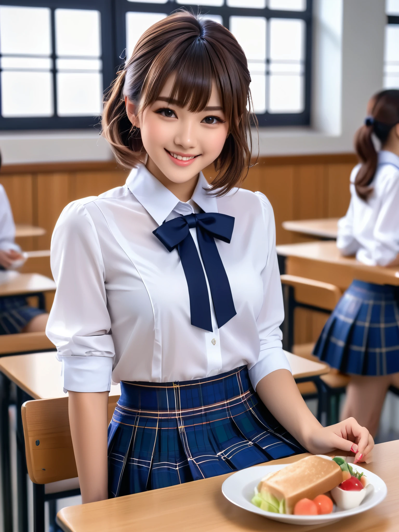 product quality, 1girl, full body shot, front view, a Japanese young pretty girl, 18 years old, short hair, having a pretty lunch with a big smile in a crowded classroom of a high school, a lunchbox on her desk, glamorous figure, busty, wearing a long sleeves white shirt with a collar, plain dark blue bow tie, dark blue tartan plaid pleated skirt, hyper cute face, glossy lips, double eyelids in both eyes, natural makeup, long eyelashes, shiny smooth light brown hair, asymmetrical bangs, fair skin, central image, high resolution, high detail, detailed hairstyle, detailed face, spectacular cinematic lighting, octane rendering, vibrant, hyper realistic, perfect limbs, perfect anatomy