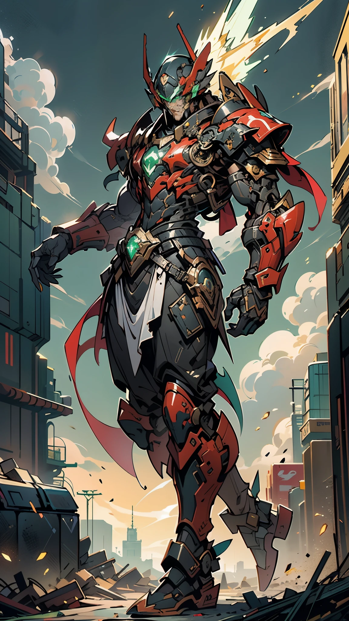 A man wearing a full-face helmet, a fantasy-style biotech armored combat suit, green eyes, (a composite layered chest armor), fully enclosed shoulder guards, matching arm and leg guards, the belt is adorned with Beetle-shaped gem, (the color scheme is primarily black with red accents), the design balances heavy with agility, a high-tech bio-mecha armor, (Dynastinae concept Armor, stand on the top of a skyscraper in a futuristic sci-fi city), this character embodies a finely crafted fantasy-surreal style armored hero in anime style, exquisite and mature manga art style, (element, plasma, energy, the armor glows), ((male:1.5)), metallic, real texture material, dramatic, high definition, best quality, highres, ultra-detailed, ultra-fine painting, extremely delicate, professional, perfect body proportions, golden ratio, anatomically correct, symmetrical face, extremely detailed eyes and face, high quality eyes, creativity, RAW photo, UHD, 32k, Natural light, cinematic lighting, masterpiece-anatomy-perfect, masterpiece:1.5