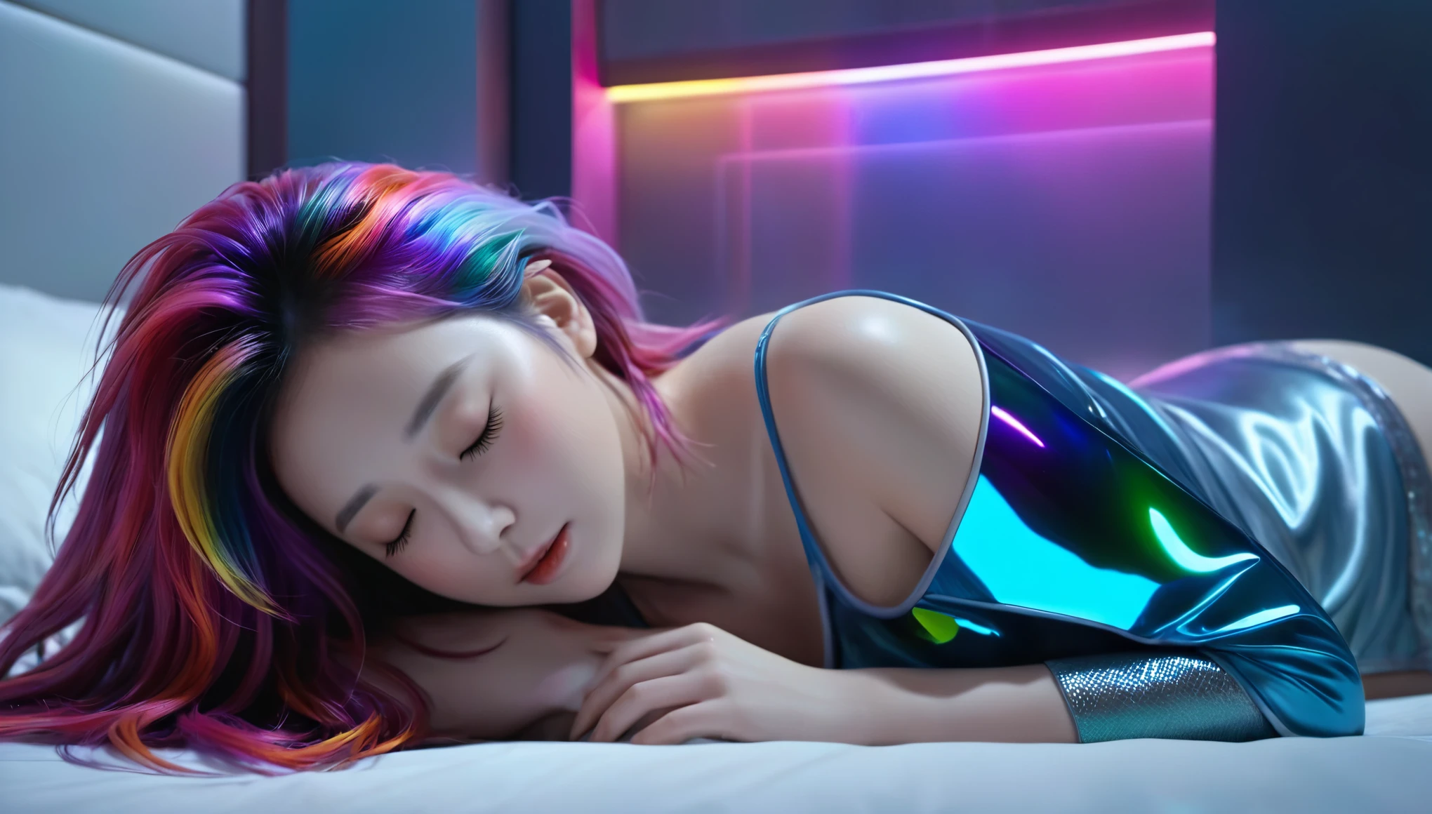 (best quality,8k,ultra-detailed:1.2),(CG,CG art,3D rendering),(masterpiece:1.2),（Crawling on the table），（Sexy clothing），(movie lighting,futuristic),(woman lying in bed,sleeping,closed eyes),(large window behind her,tranquil night),(colorful hair:1.5)