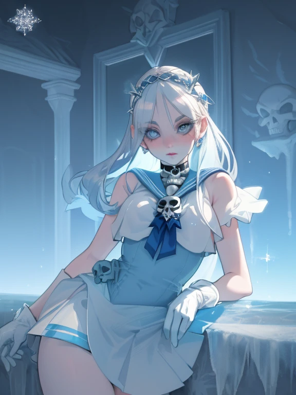 ((best quality)), ((official art)), ((masterpiece)), textile shading, ((ultra-detailed)),  solo, full color, (1girl, solo,   bssmsuperoutfit, circlet, white leotard,,blue sailor collar, sleeveless, heart brooch, miniskirt, white gloves,   hairstyle, hairlength ,  detailed face, (full body:1.1)), (in nature) (best quality, highres, ice skull:1.1), ice skull, girl style, thick body art, detailed facial features, icy blue eyes, glossy lips, long eyelashes, porcelain skin, blue and silver color scheme, intricate skull design, realistic texture, vibrant colors, elaborate background, mysterious atmosphere, frozen garden, snow-covered trees, sparkling ice crystals, surreal lighting, fantasy elements
