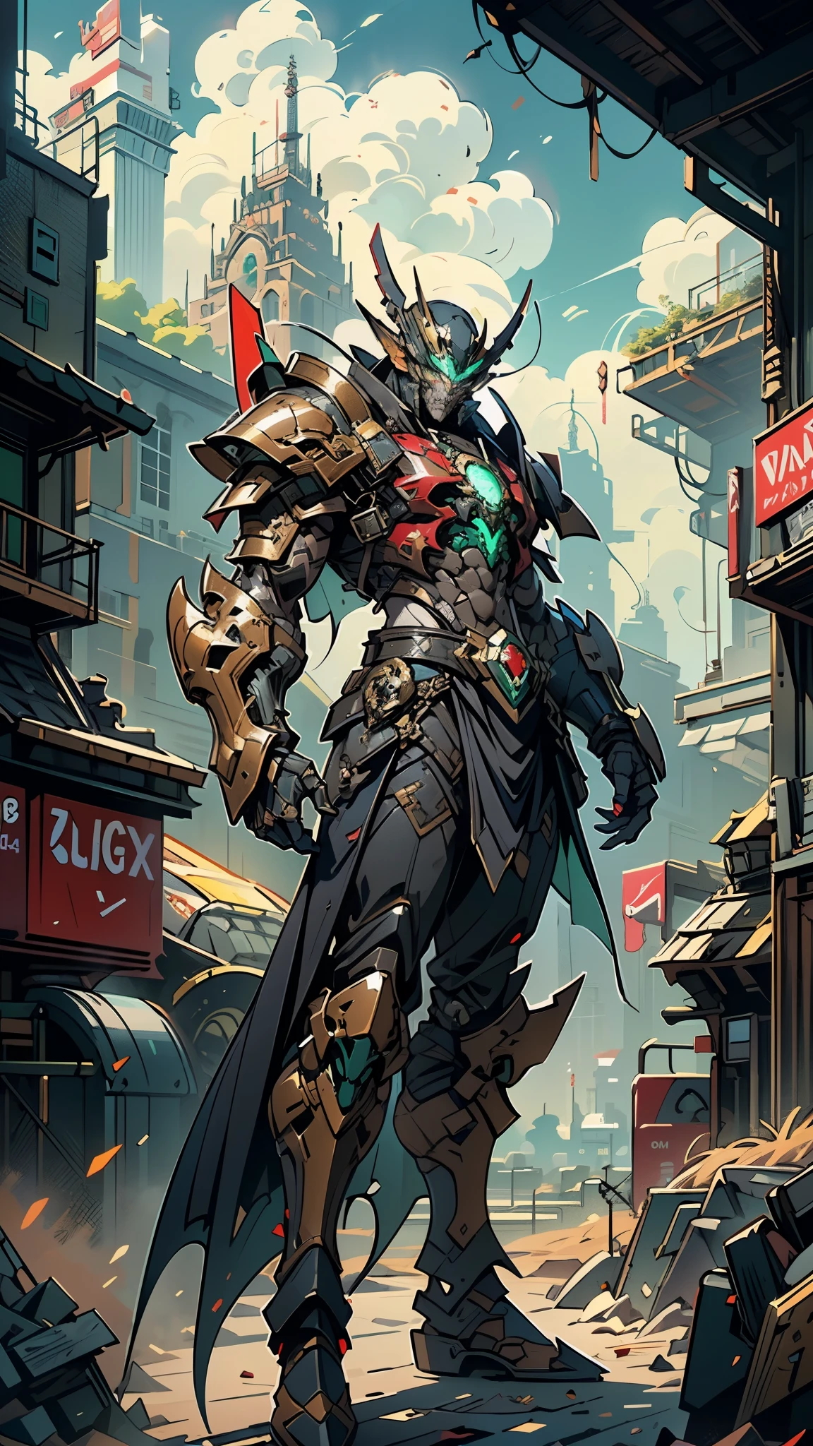 A man wearing a full-face helmet, a fantasy-style biotech armored combat suit, green eyes, (a composite layered chest armor), fully enclosed shoulder guards, matching arm and leg guards, the belt is adorned with Beetle-shaped gem, (the color scheme is primarily black with red accents), the design balances heavy with agility, a high-tech bio-mecha armor, (Dynastinae concept Armor, stand on the top of a skyscraper in a futuristic sci-fi city), this character embodies a finely crafted fantasy-surreal style armored hero in anime style, exquisite and mature manga art style, (element, plasma, energy, the armor glows), ((male:1.5)), metallic, real texture material, dramatic, high definition, best quality, highres, ultra-detailed, ultra-fine painting, extremely delicate, professional, perfect body proportions, golden ratio, anatomically correct, symmetrical face, extremely detailed eyes and face, high quality eyes, creativity, RAW photo, UHD, 32k, Natural light, cinematic lighting, masterpiece-anatomy-perfect, masterpiece:1.5