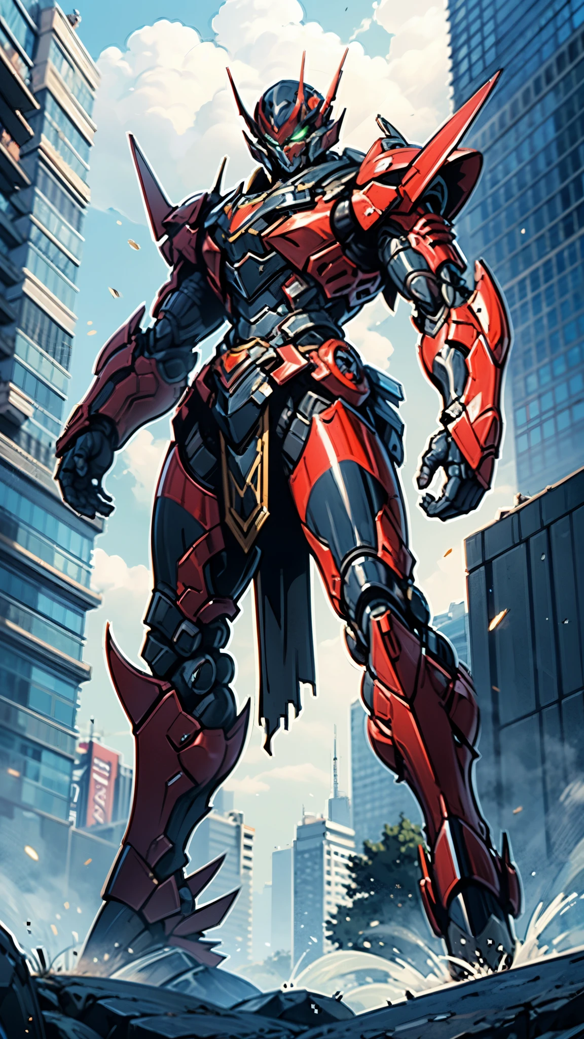 A man wearing a full-face helmet, a fantasy-style biotech armored combat suit, green eyes, (a composite layered chest armor), fully enclosed shoulder guards, matching arm and leg guards, the belt is adorned with Beetle-shaped gem, (the color scheme is primarily black with red accents), the design balances heavy with agility, a high-tech bio-mecha armor, (Dynastinae concept Armor, stand on the top of a skyscraper in a futuristic sci-fi city), this character embodies a finely crafted fantasy-surreal style armored hero in anime style, exquisite and mature manga art style, (element, plasma, energy, the armor glows), ((male:1.5)), metallic, real texture material, dramatic, high definition, best quality, highres, ultra-detailed, ultra-fine painting, extremely delicate, professional, perfect body proportions, golden ratio, anatomically correct, symmetrical face, extremely detailed eyes and face, high quality eyes, creativity, RAW photo, UHD, 32k, Natural light, cinematic lighting, masterpiece-anatomy-perfect, masterpiece:1.5