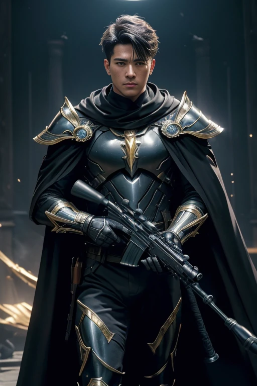 (master piece:1.5), (best quality:1.5), (exquisite lighting and shadow, highly dramatic picture, cinematic lens effect) (Photorealistic picture) highly detailed, realistic, cinematic lighting, studio quality, 8k, wallpaper, dynamic pose, anatomy correct, epic fantasy digital art, Epic composition, full body Male sniper wearing a black leather armor under a shiny blue intricate elaborated plate chest armor with gold accents, long black cape with silver lightnings ornaments, holding a sniper rifle