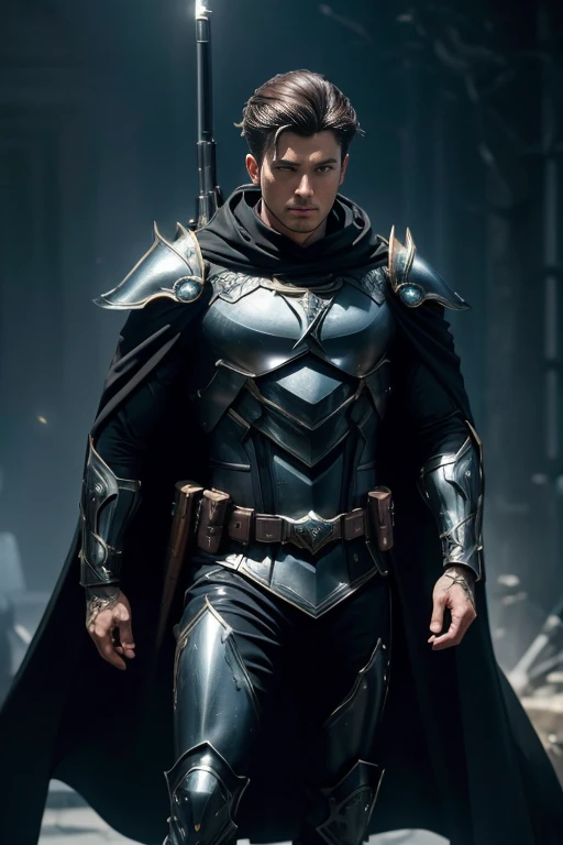 (master piece:1.5), (best quality:1.5), (exquisite lighting and shadow, highly dramatic picture, cinematic lens effect) (Photorealistic picture) highly detailed, realistic, cinematic lighting, studio quality, 8k, wallpaper, dynamic pose, anatomy correct, epic fantasy digital art, Epic composition, full body Male sniper wearing a black leather armor under a shiny blue intricate elaborated plate chest armor with gold accents, long black cape with silver lightnings ornaments, holding a sniper rifle
