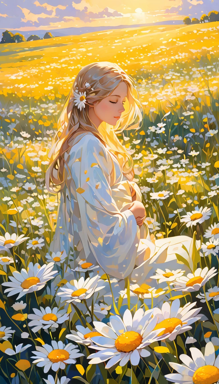 Capture the essence of pure serenity and natural beauty in an awe-inspiring oil painting that transports viewers into a dreamlike world where a girl finds solace amidst a sea of Paper Daisies.

Imagine a tranquil meadow bathed in the soft glow of the setting sun, where the vibrant hues of yellow, orange, and pink Paper Daisies stretch as far as the eye can see. Nestled among the blossoms lies a young girl, her figure draped in billowing fabric that mirrors the delicate petals of the flowers.

With a sense of peaceful abandon, the girl reclines gracefully among the daisies, her eyes closed in quiet contemplation. The warm golden light of the sun caresses her skin, casting a gentle radiance that illuminates her features and lends an ethereal quality to the scene.

The oil painting captures the intricate details of each individual Paper Daisy, from the delicate papery petals to the subtle variations in color and texture. Layers of thick, luscious oil paint are applied with masterful brushstrokes, creating depth and dimension that bring the flowers to life on the canvas.

In the distance, rolling hills rise and fall like waves on the horizon, their verdant slopes dotted with patches of wildflowers that dance in the breeze. A soft breeze rustles through the meadow, carrying with it the sweet scent of the daisies and the soft murmur of distant birdsong.

As the viewer gazes upon the painting, they are drawn into a state of tranquil reverie, enveloped by the beauty and tranquility of the natural world. "Golden Reverie" is not merely a painting—it is a sanctuary of peace and beauty, a refuge from the chaos of the world, and a reminder of the simple joys that lie in the embrace of nature.
