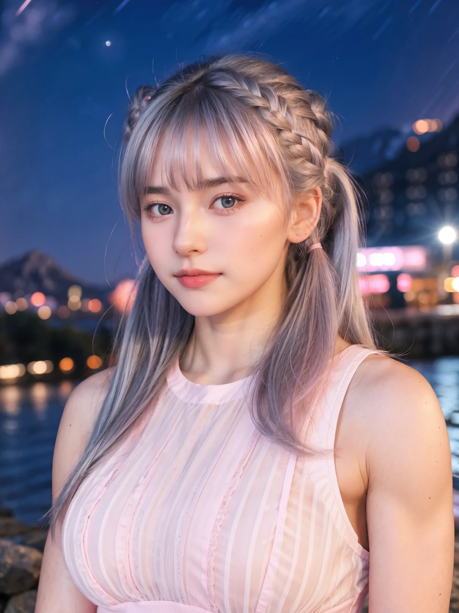 1 Girl, Beautiful, Baby Face, 20 Years Old, White Skin, Large Breasts, Pink See Through Dress, ((muscles:1.3)), ((Night Mountain Outdoor)), Sexy Look, Girly Pose, Grey Hair Bangs, Silver Twintail, ((adorable:1.1)), ((masterpiece:1.1)), Cute Face, ((Nightly:1.3)), Pink Coloured, Candid