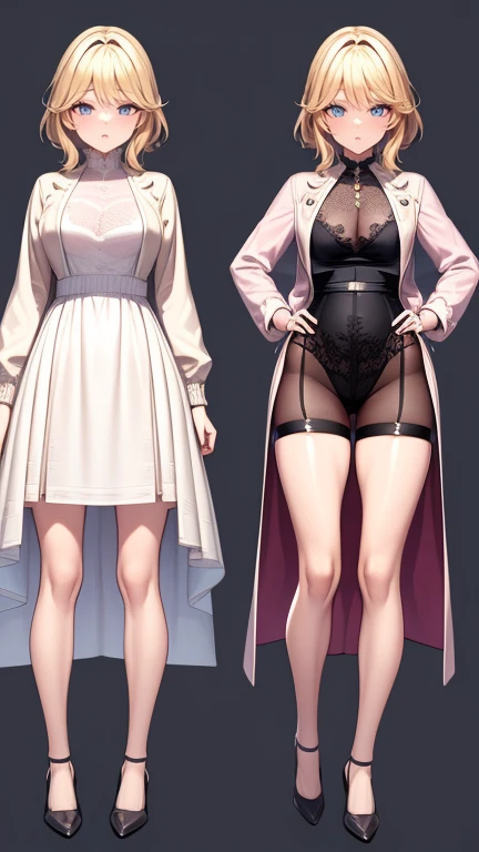 High resolution image, 8k quality, perfectly intricate details, (((perfectly detailed illustration))), 3D anime style, facing the viewer, front view, side view, back view, (((*attention*))), ( ((same character))), (((same outfit))), Character design sheet, most beautiful imagen of the world, Upskirt.1 girl, solo, most beautiful girl oft he world, (((mature woman))), (((full body))). medium hair, blonde hair, medium breasts. (((perfect and detailed face))), (((very exaggerated puffy cheeks))), (((very exaggerated pout))), mouth, full lips, closed mouth, blush. Perfectly detailed eyes, crying, almond eyes, aquamarine eyes, tears. dress, white and green dress, skirt lifth. pink jacket, open jacket, puff sleeves, long sleeves, hood. standing, legs apart, wide thighs, medium hips. Brown pantyhose, white micro panties, black heels.