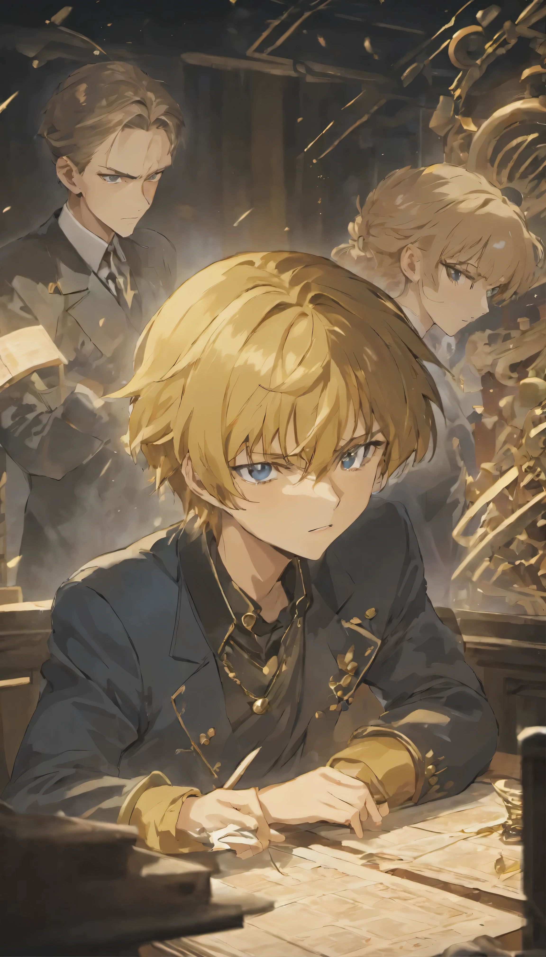With ultra-high definition images、A fascinating scene like a movie unfolds.。The charismatic protagonist of the Legend of the Galactic Heroes、Field Marshal Reinhard Lohengramm、Accompanied by his trusted friend, Count Kirchheis,、Immersed in strategic planning on the bridge of a battleship。Intricate facial details、Deep wrinkles indicating intelligence、A three-dimensional face、The photo highlights their stern expressions as they study the map spread out on the table.。The room is dimly lit、Dramatic shadows fall on their faces、The soft glow of strategically placed spotlights gives them perfect lighting.,Faithfully reproduced from the anime version