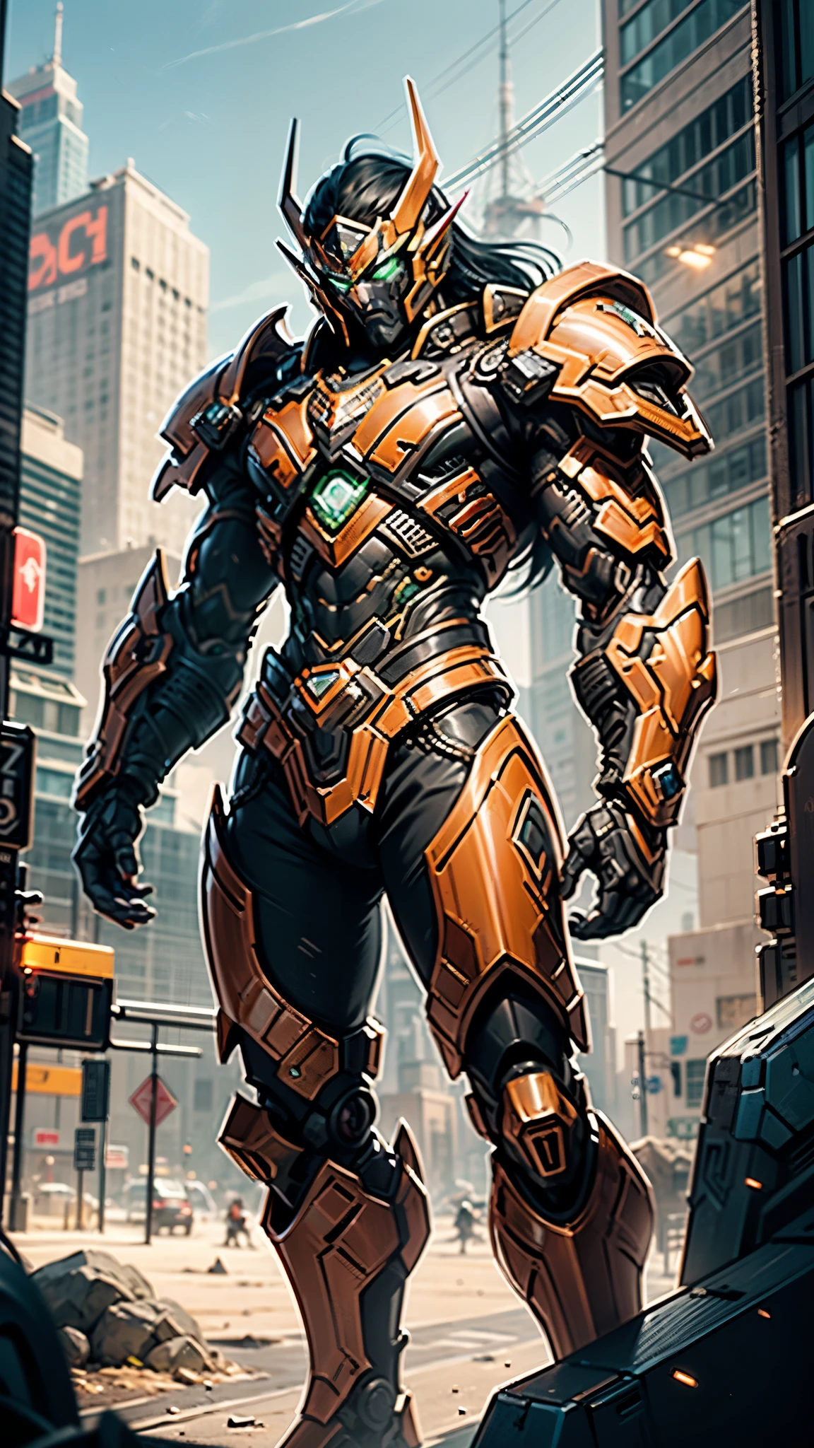 A man wearing a full-face helmet, a fantasy-style biotech armored combat suit, green eyes, (a composite layered chest armor), fully enclosed shoulder guards, matching arm and leg guards, the belt is adorned with Beetle-shaped gem, (the color scheme is primarily black with red accents), the design balances heavy with agility, a high-tech bio-mecha armor, (Dynastinae concept Armor, stand on the top of a skyscraper in a futuristic sci-fi city), this character embodies a finely crafted fantasy-surreal style armored hero in anime style, exquisite and mature manga art style, (element, plasma, energy, the armor glows), ((male:1.5)), metallic, real texture material, dramatic, high definition, best quality, highres, ultra-detailed, ultra-fine painting, extremely delicate, professional, perfect body proportions, golden ratio, anatomically correct, symmetrical face, extremely detailed eyes and face, high quality eyes, creativity, RAW photo, UHD, 32k, Natural light, cinematic lighting, masterpiece-anatomy-perfect, masterpiece:1.5