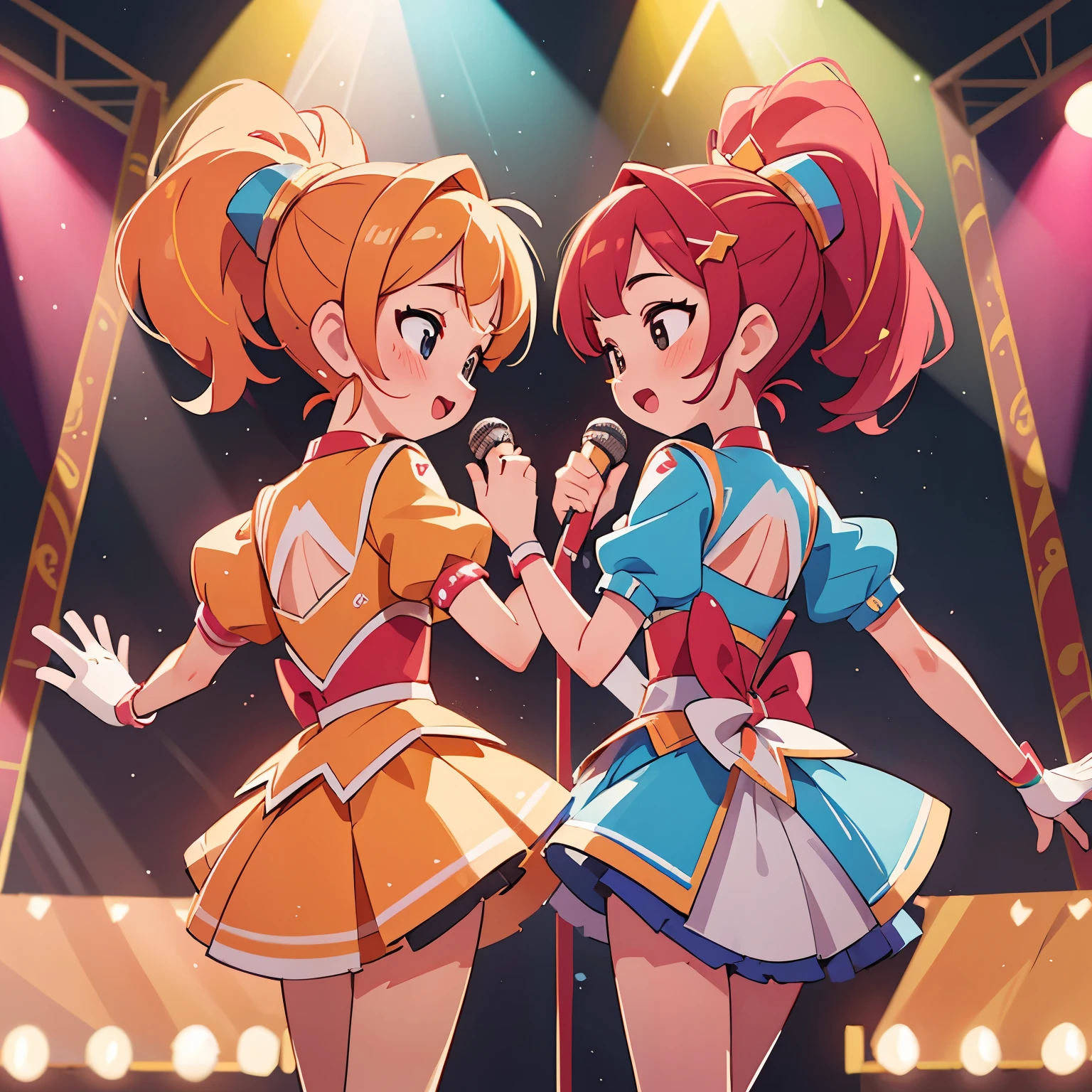 high details, high quality, high-definition32K, Idol Stage.Two Women,young,Colorful light,Spotlight,microphone,music,performance,Gorgeous,Energetic,pop,cute,Costume,Live feeling,audience,confidence,