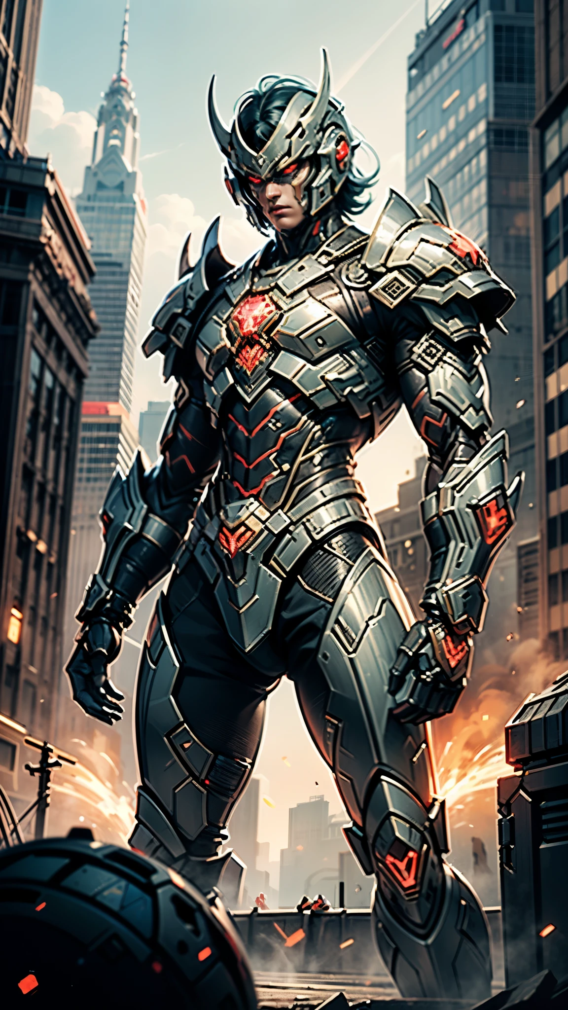 A man wearing a full-face helmet, a fantasy-style biotech armored combat suit, green eyes, (a composite layered chest armor), fully enclosed shoulder guards, matching arm and leg guards, the belt is adorned with Beetle-shaped gem, (the color scheme is primarily black with red accents), the design balances heavy with agility, a high-tech bio-mecha armor, (Dynastinae concept Armor, stand on the top of a skyscraper in a futuristic sci-fi city), this character embodies a finely crafted fantasy-surreal style armored hero in anime style, exquisite and mature manga art style, (element, plasma, energy, the armor glows), ((male:1.5)), metallic, real texture material, dramatic, high definition, best quality, highres, ultra-detailed, ultra-fine painting, extremely delicate, professional, perfect body proportions, golden ratio, anatomically correct, symmetrical face, extremely detailed eyes and face, high quality eyes, creativity, RAW photo, UHD, 32k, Natural light, cinematic lighting, masterpiece-anatomy-perfect, masterpiece:1.5