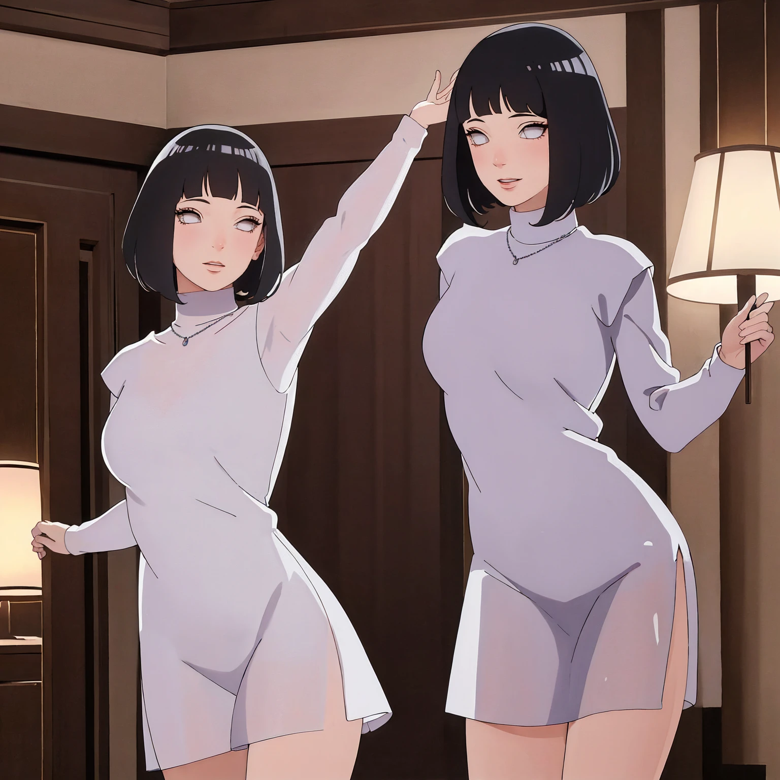 (Masterpiece - Ultra-Detailed, High Resolution) Prepare to be enchanted by a true masterpiece that combines ultra-detailed art with high-resolution rendering. This work shows a mesmerizing woman, with short, light black hair, 1950s style, Hinata (1.3) and captivating dark brown eyes (1.2), New York illustration style, wearing red lipstick, emanating an aura of elegance and mystery. Wearing classic 1950s clothing. sexy. Intricate details and realistic textures invite you to explore every aspect of this enchanting composition. Transparent white dress. Dancing lithly, dynamic poses, mouth closed. Different posture. . Get ready to dive into a world where beauty and craftsmanship merge perfectly.