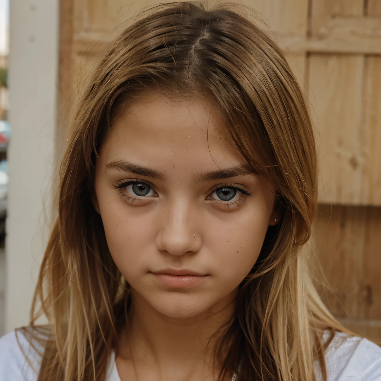 Chica rubia linda adolescente ojos azules sentada pensativa triste