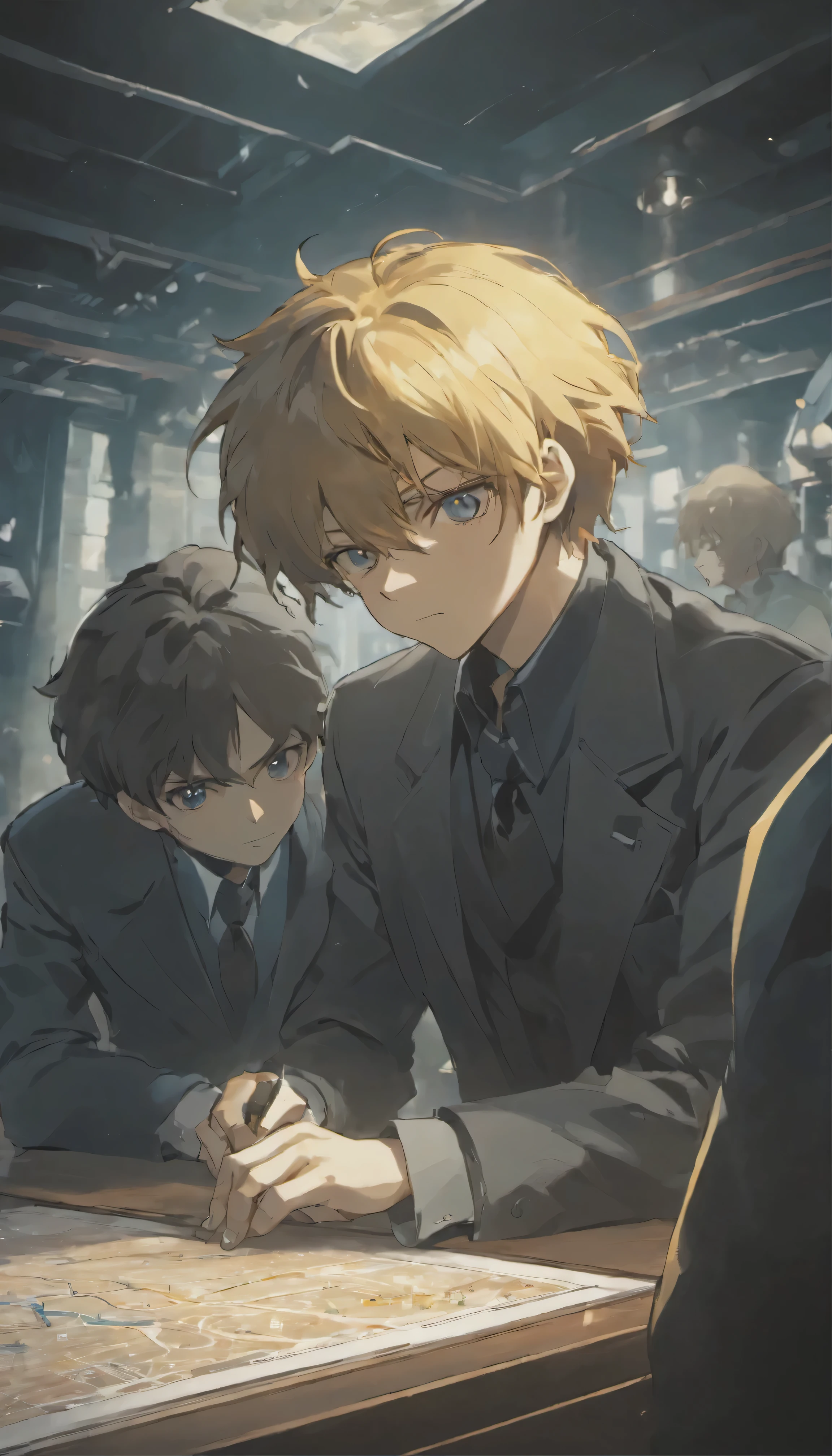 With ultra-high definition images、A fascinating scene like a movie unfolds.。The charismatic protagonist of the Legend of the Galactic Heroes、Field Marshal Reinhard Lohengramm、Accompanied by his trusted friend, Count Kirchheis,、Immersed in strategic planning on the bridge of a battleship。Intricate facial details、Deep wrinkles indicating intelligence、A three-dimensional face、The photo highlights their stern expressions as they study the map spread out on the table.。The room is dimly lit、Dramatic shadows fall on their faces、The soft glow of strategically placed spotlights gives them perfect lighting.,Faithfully reproduced from the anime version