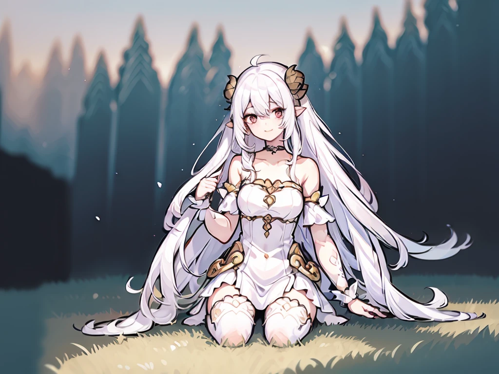((masterpiece)), ((bestquality)), (ultra-detailed), 1 girl, white hair, red eyes, w-sitting, detailed face, smile, dragonian_head, dragonian_body, dragonian_hairstyle, dragonian_horns, dragonian_tail, white tail, white long dress, white tights, black choker, silver circlet, hammer in hand, grassland, mountain, clear line, in the middle of picture, beatiful nature background