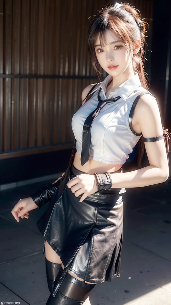 A naive 20-year-old girl, (White sleeveless collared shirt and tie:1.5), (Leather Mini Skirt and Garter Belt Set:1.5), (High heel), (Dramatic pose),Smile, (High Ponytail),natural Park、RAW photos, (8k, best quality, masterpiece:1.2), (Intricate details:1.4)、(Reality:1.4), Octane Rendering, Complex 3D rendering with ultra-detail, Studio soft light, Rim Light, vivid details, Super Detail, Realistic skin texture, Detailed aspects, Beautiful details in the eyes, Highly detailed CG Unity 16k wallpaper, compensate, (Detailed background:1.2), glowing skin, whole body, ((Thin legs)), Small waist, cleveage, (Looking at the audience:1.2)