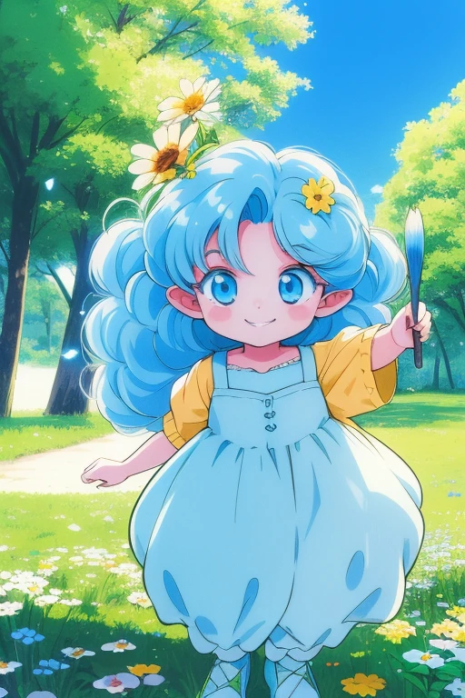 Rumi, One girl, blue eyes, alone, Blue Hair, shoes, flower, smile, Light blue_isress,, Open your mouth, forest, Long Hair, yellow isress, Bloomers, Brush Sticker, :is, hair flower
masterpiece, highest quality,4K,8k, 1990s \(style\),