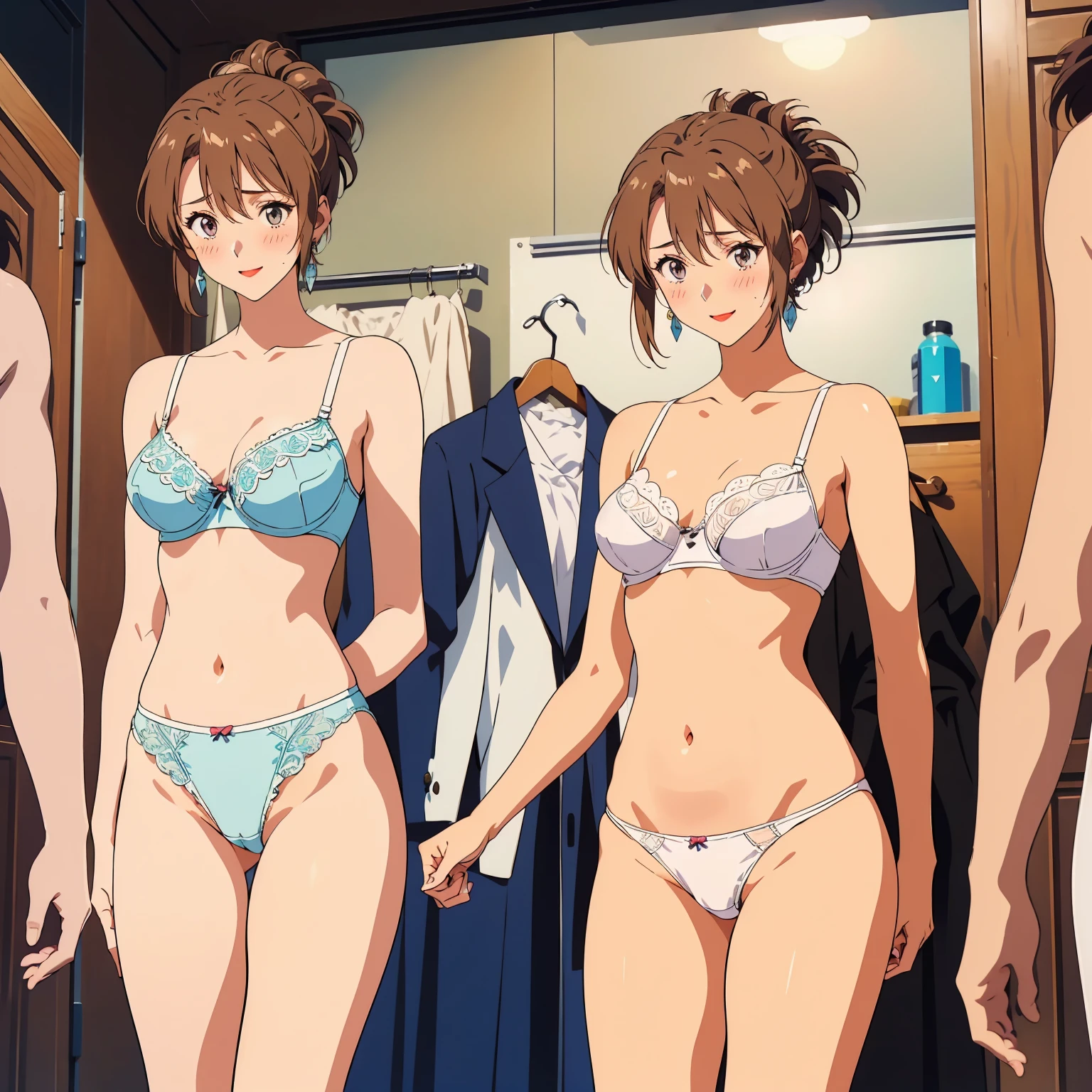 masterpiece, top quality, ultra detailed, ((((AIKA_SUMERAGI, folded ponytail, best anatomy, in underwear, (white panties, elaborately designed luxury panties for adults, panties high definition images, draw panties with super precision), lace trimmed bra, extremely detailed texture, earrings, red lip, embarrassed, blush, smile)))), cowboy shot, (((underwear in dressing room))), white skin, (presenting panties)