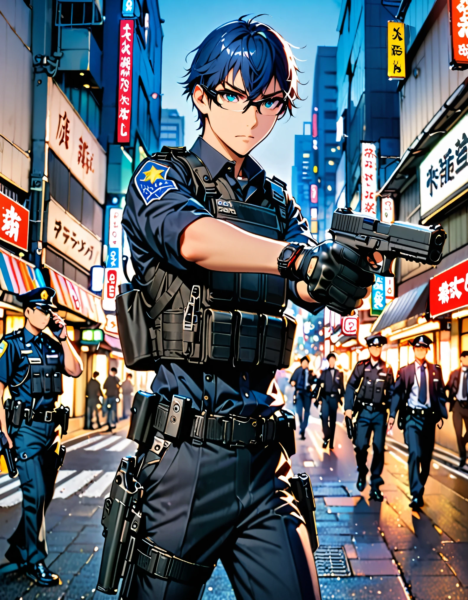 high resolution，（masterpiece：1.4），Hyper-detailing，Young man，holding a pistol，routine patrol , male focus, Japanese Police officer, (black uniform), tokyo street, The expression is cocky, perfect hands, (holding a gun, holding a pistol, shooter, glock17), solo, solo focus, (blue-green eyes), (blue hair, short hair), (glasses).