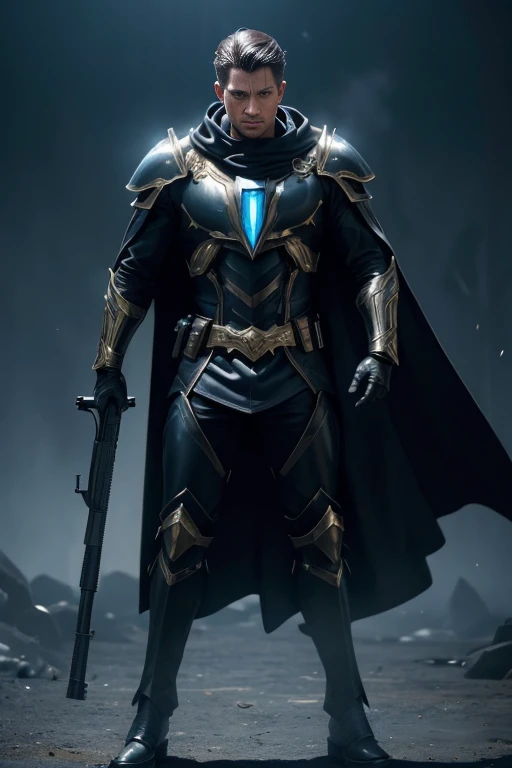 (master piece:1.5), (best quality:1.5), (exquisite lighting and shadow, highly dramatic picture, cinematic lens effect) (Photorealistic picture) highly detailed, realistic, cinematic lighting, studio quality, 8k, wallpaper, dynamic pose, anatomy correct, epic fantasy digital art, Epic composition, full body Male sniper wearing a blue leather armor under a shiny blue intricate elaborated plate chest armor with gold accents, long black cape with silver lightnings ornaments, holding a sniper rifle
