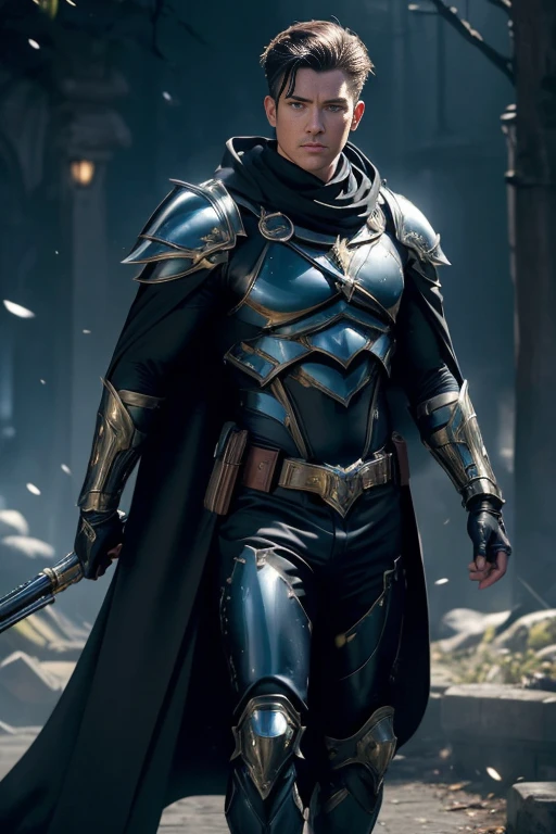 (master piece:1.5), (best quality:1.5), (exquisite lighting and shadow, highly dramatic picture, cinematic lens effect) (Photorealistic picture) highly detailed, realistic, cinematic lighting, studio quality, 8k, wallpaper, dynamic pose, anatomy correct, epic fantasy digital art, Epic composition, full body Male sniper wearing a blue leather armor under a shiny blue intricate elaborated plate chest armor with gold accents, long black cape with silver lightnings ornaments, holding a sniper rifle
