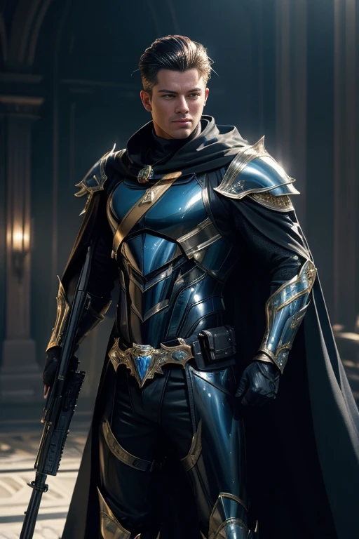 (master piece:1.5), (best quality:1.5), (exquisite lighting and shadow, highly dramatic picture, cinematic lens effect) (Photorealistic picture) highly detailed, realistic, cinematic lighting, studio quality, 8k, wallpaper, dynamic pose, anatomy correct, epic fantasy digital art, Epic composition, full body Male sniper wearing a blue leather armor under a shiny blue intricate elaborated plate chest armor with gold accents, long black cape with silver lightnings ornaments, holding a sniper rifle
