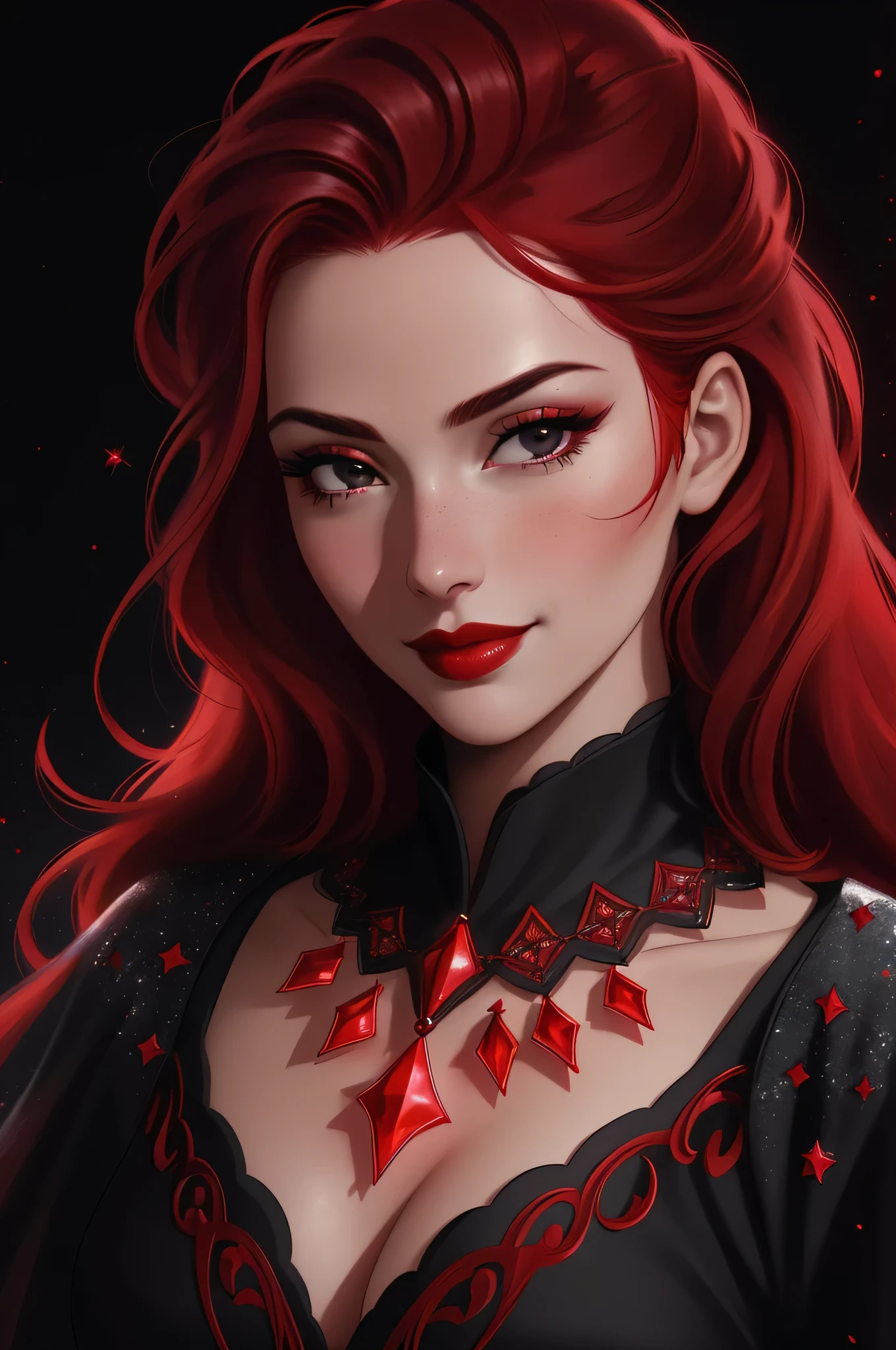 face close up, portrait shot, ((vivid red hair)), mature woman, 30 years old, diamond face, red starry sky background, depth of field, magic, big red lips, ((dark and black eyes)) black and red long and full dress, covered chest, mystical atmosphere, ominous shadows, Intense blue aura, Intense red aura (best quality:1.2), absurdres, intricate details, (highly detailed skin:1.2), smile expression, posing, taut and well defined body, attractive. Highly realistic, white skin, beautiful, hyperrealism, skin very elaborated, direct gaze,