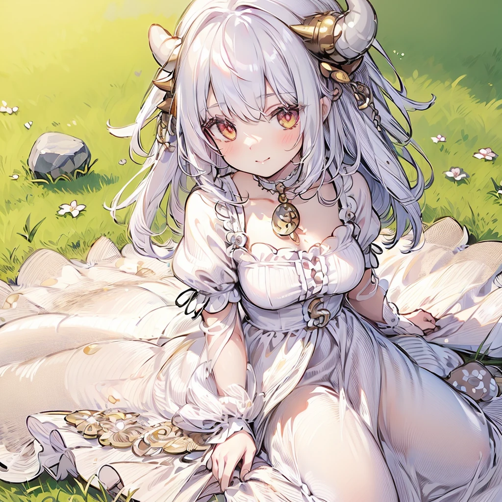((masterpiece)), ((bestquality)), (ultra-detailed), 1 girl, white hair, red eyes, w-sitting, detailed face, smile, dragonian_head, dragonian_body, dragonian_hairstyle, dragonian_horns, dragonian_tail, white tail, white long dress, white tights, black choker, silver circlet, hammer in hand, grassland, mountain, clear line, in the middle of picture, beatiful nature background