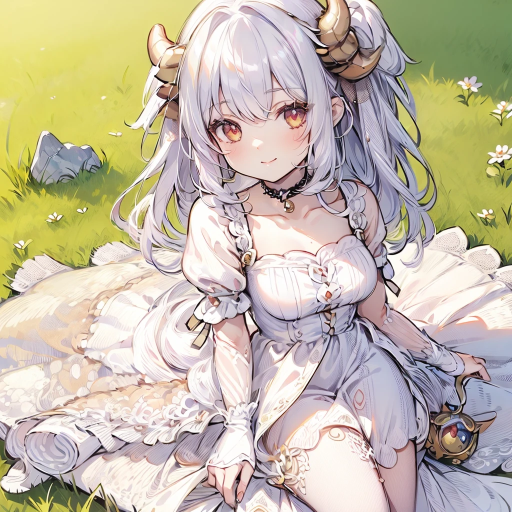 ((masterpiece)), ((bestquality)), (ultra-detailed), 1 girl, white hair, red eyes, w-sitting, detailed face, smile, dragonian_head, dragonian_body, dragonian_hairstyle, dragonian_horns, dragonian_tail, white tail, white long dress, white tights, black choker, silver circlet, hammer in hand, grassland, mountain, clear line, in the middle of picture, beatiful nature background