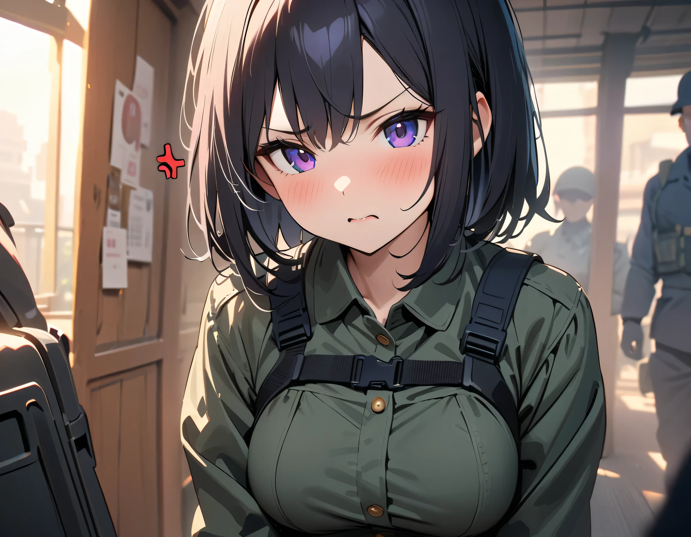(masterpiece:1.3),(best quality:1.2),8k,absurdres, solo,medium view,A girl,detailed short black hair,anger,(Soldier's outfit that is a black shirt with a bulletproof vest with leather pants with a backpack:1.2),Get down on one knee,(holding a assault rifle:1.2),City ruins,(China city:1.2),Depth of Field,rain