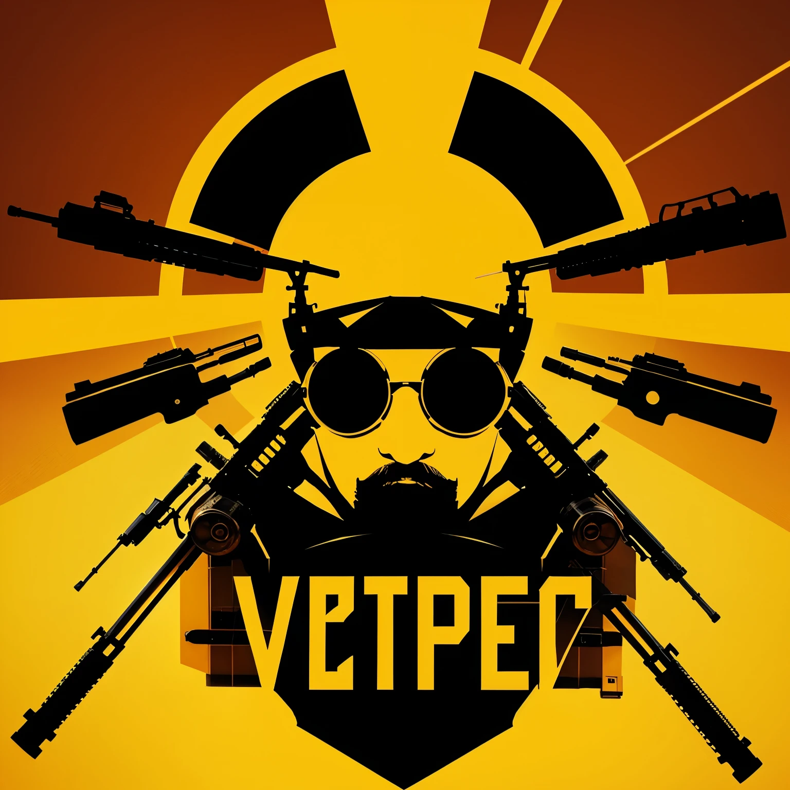 Generate a logo which consists of guns around the yellow font with orange shades at the end VELOCITY 