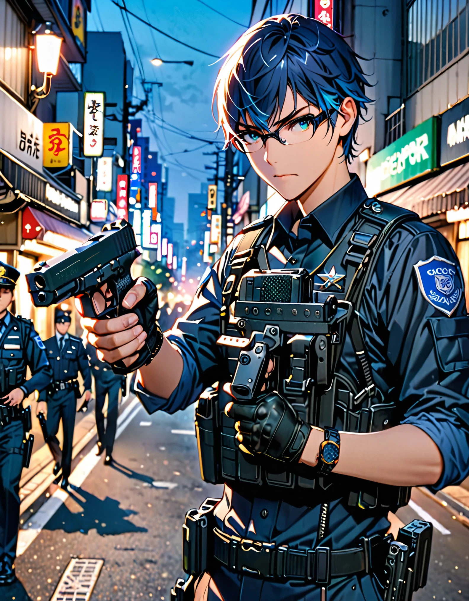 high resolution，（masterpiece：1.4），Hyper-detailing，Young man，holding a pistol，routine patrol , male focus, Japanese Police officer, (black uniform), tokyo street, The expression is cocky, perfect hands, (holding a gun, holding a pistol, shooter, glock17), solo, solo focus, (blue-green eyes), (blue hair, short hair), (glasses).