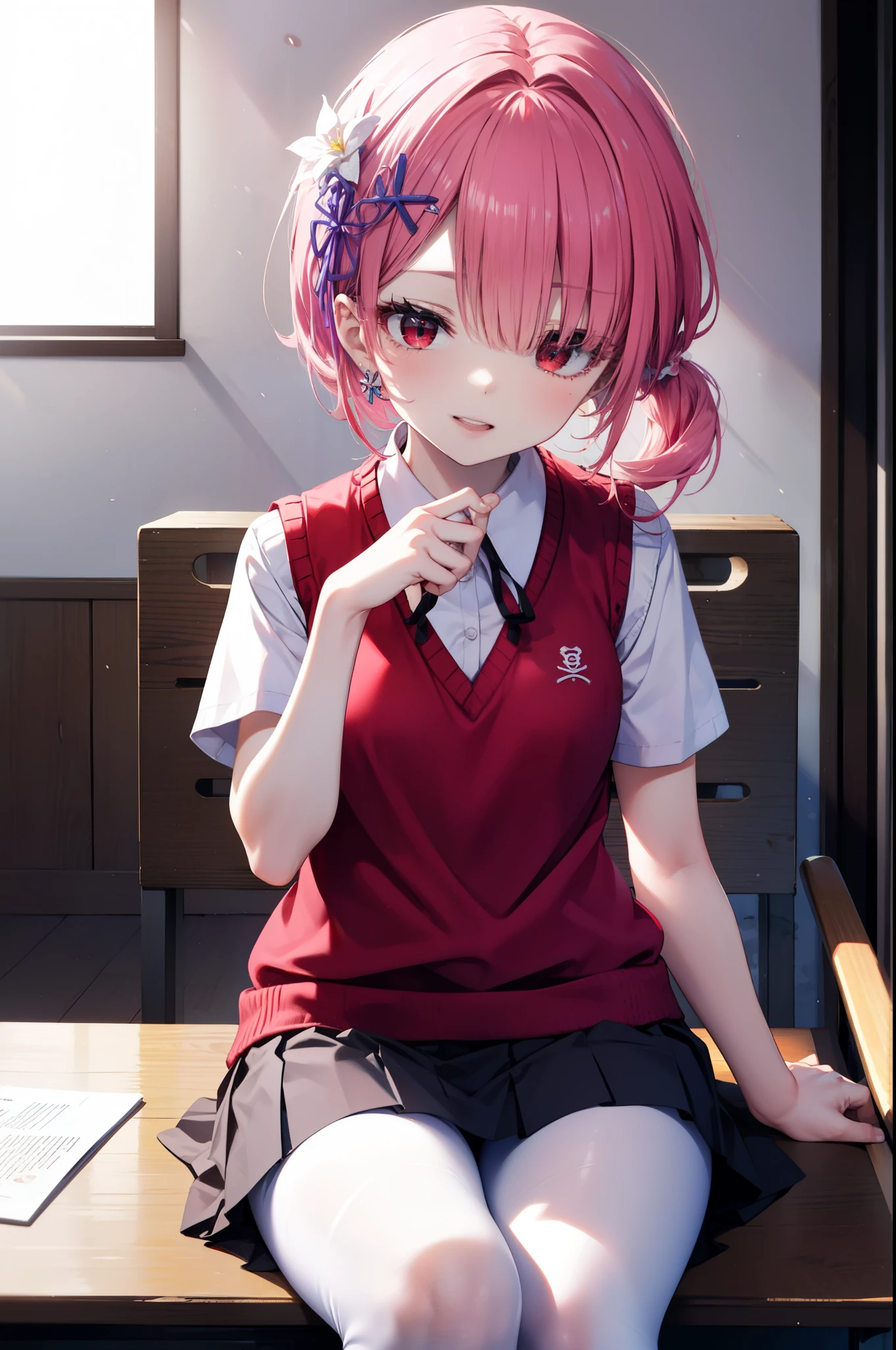 rezeroRam, Ram, Hair Flowers, hair ornaments, Hair on one eye, Pink Hair, (Red eyes:1.5), , x hair ornaments, bangs,Left side ponytail,happy smile, smile, Open your mouth,,White Y-shirt,Short sleeve,Sweater vest, (red Sweater vest:1.5),
,Black pleated skirt,White pantyhose,Brown Loafers,sitting cross-legged on a chair,There is a lunch box on the desk,whole bodyがイラストに入るように,
break indoors, School classroom,
break looking at viewer,whole body,
break (masterpiece:1.2), highest quality, High resolution, unity 8k wallpaper, (shape:0.8), (Fine and beautiful eyes:1.6), extレムely detailed face, Perfect lighting, extレムely detailed CG, (Perfect hands, Perfect Anatomy),